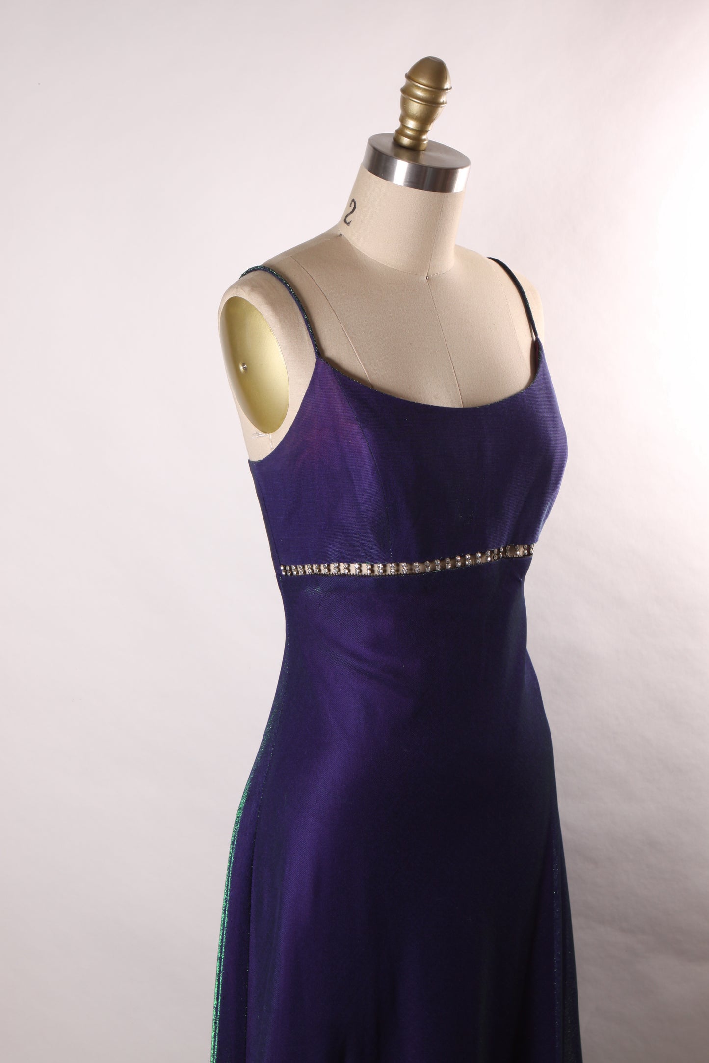 1990s Purple and Green Color Changing Spaghetti Strap Full Length Rhinestone Waist Cut Out Formal Prom Dress by Jump -M