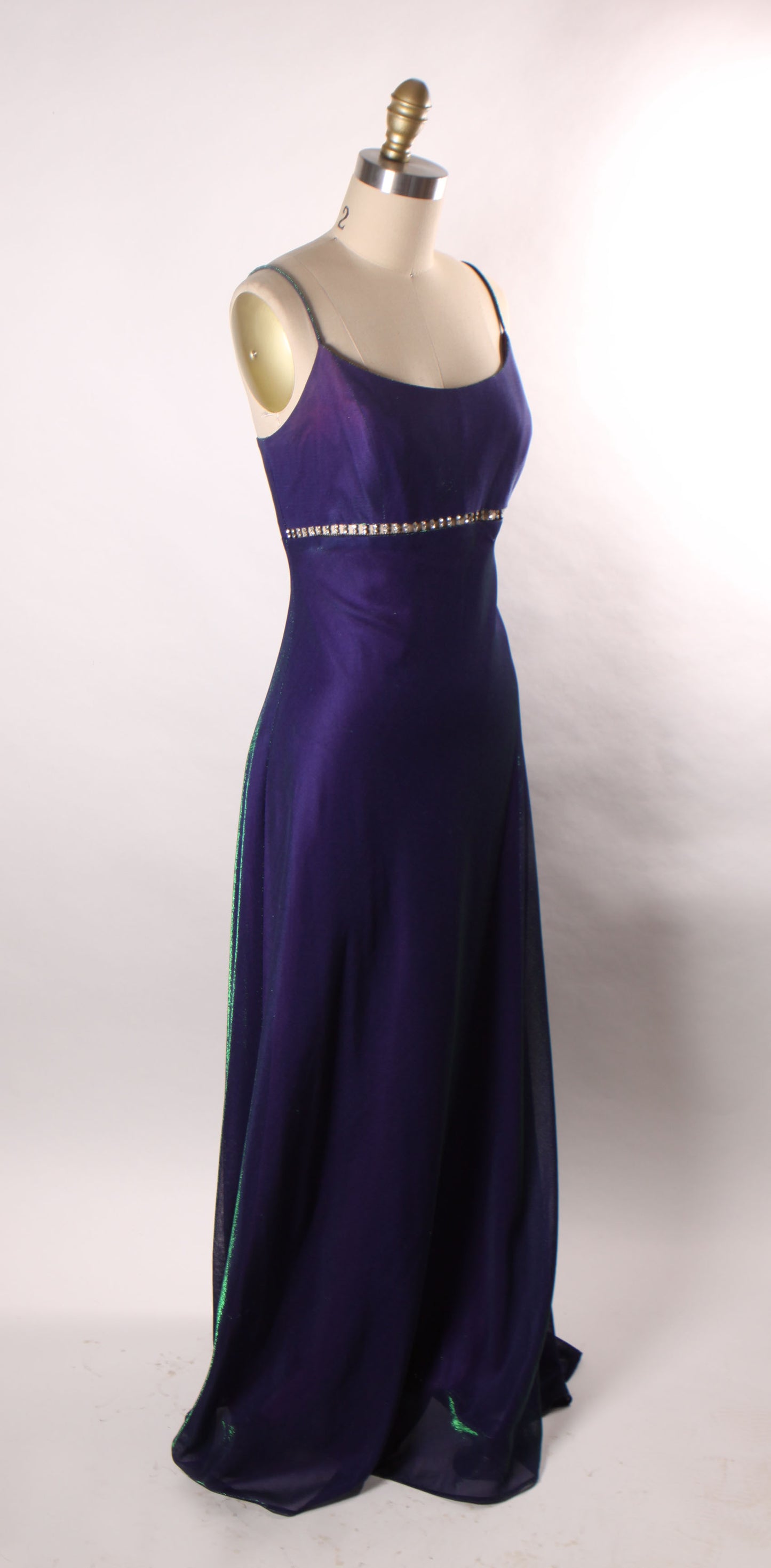 1990s Purple and Green Color Changing Spaghetti Strap Full Length Rhinestone Waist Cut Out Formal Prom Dress by Jump -M