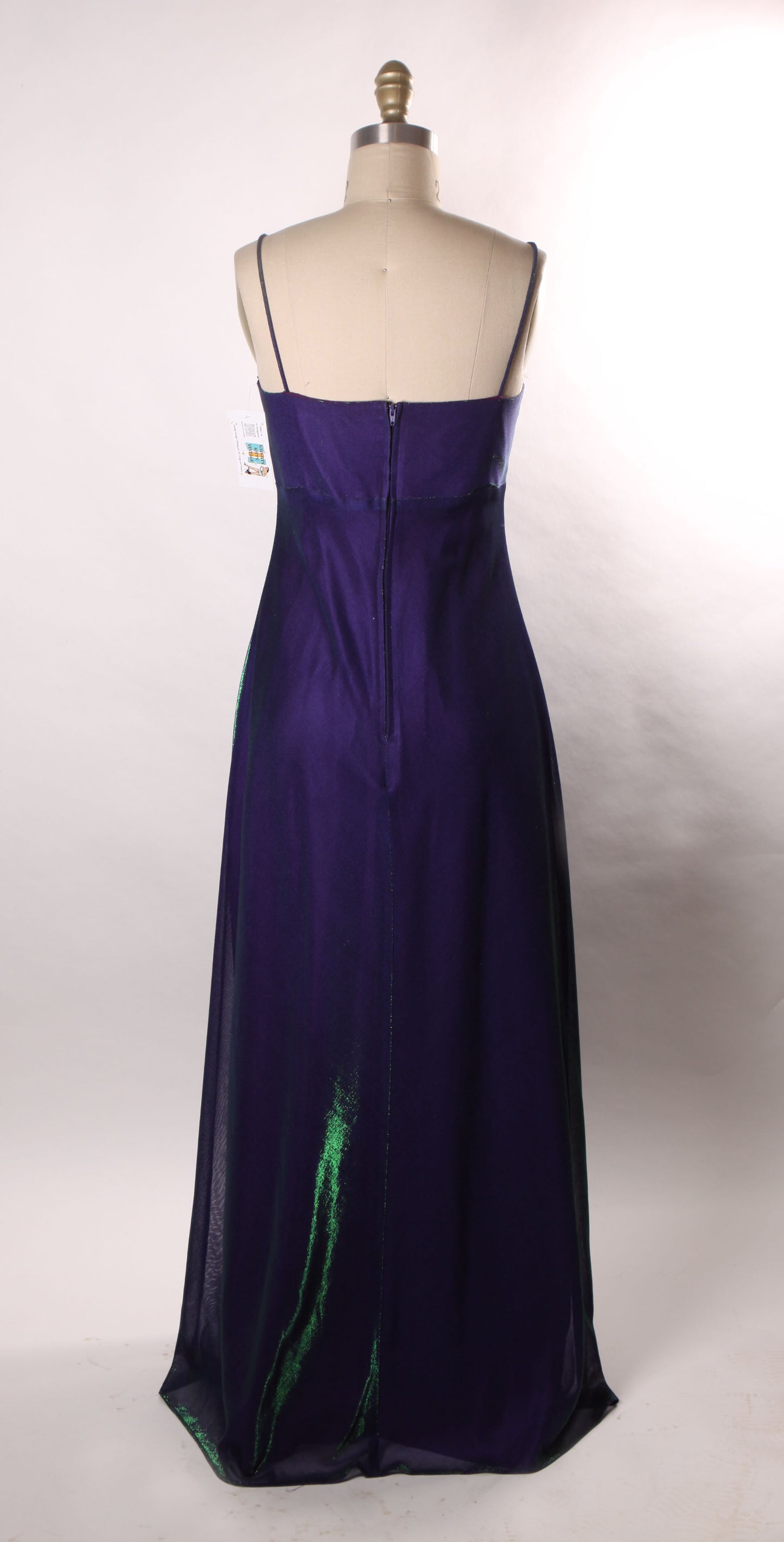 1990s Purple and Green Color Changing Spaghetti Strap Full Length Rhinestone Waist Cut Out Formal Prom Dress by Jump -M