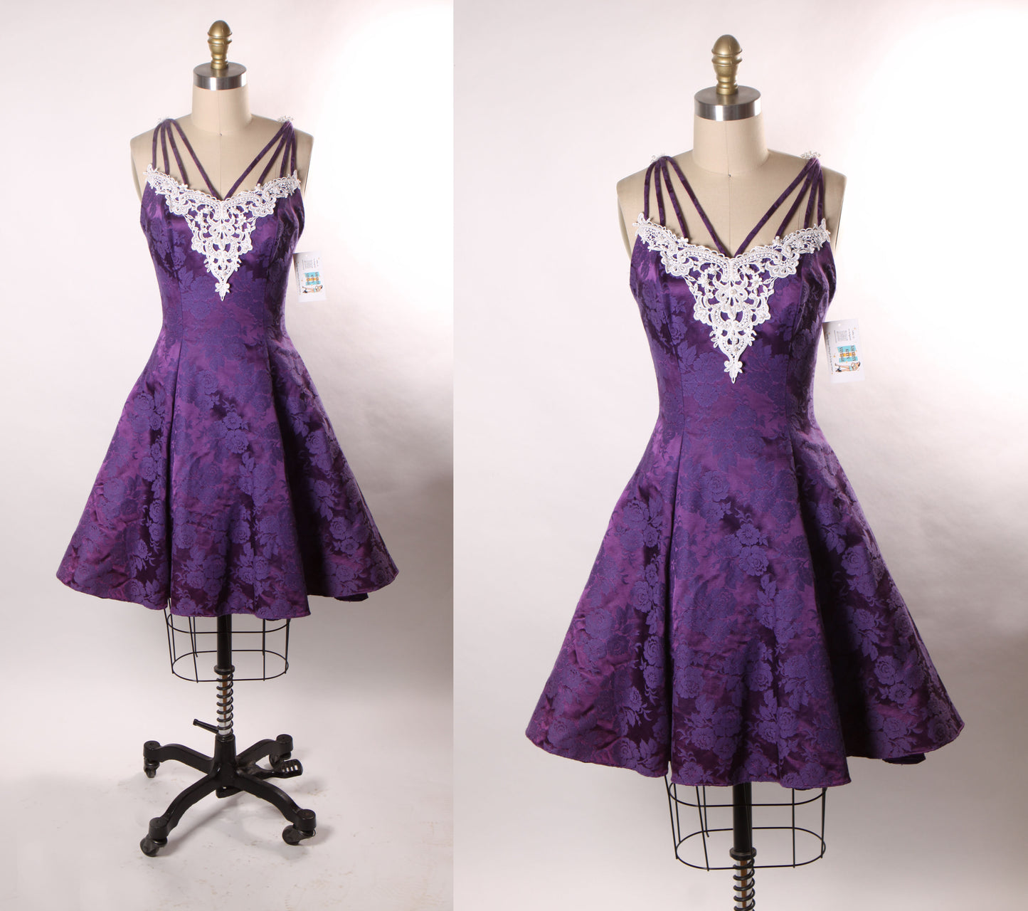 1980s Purple Floral Brocade Spaghetti Strap Caged Straps Fit and Flare Formal Prom Dress by Nadine -XS