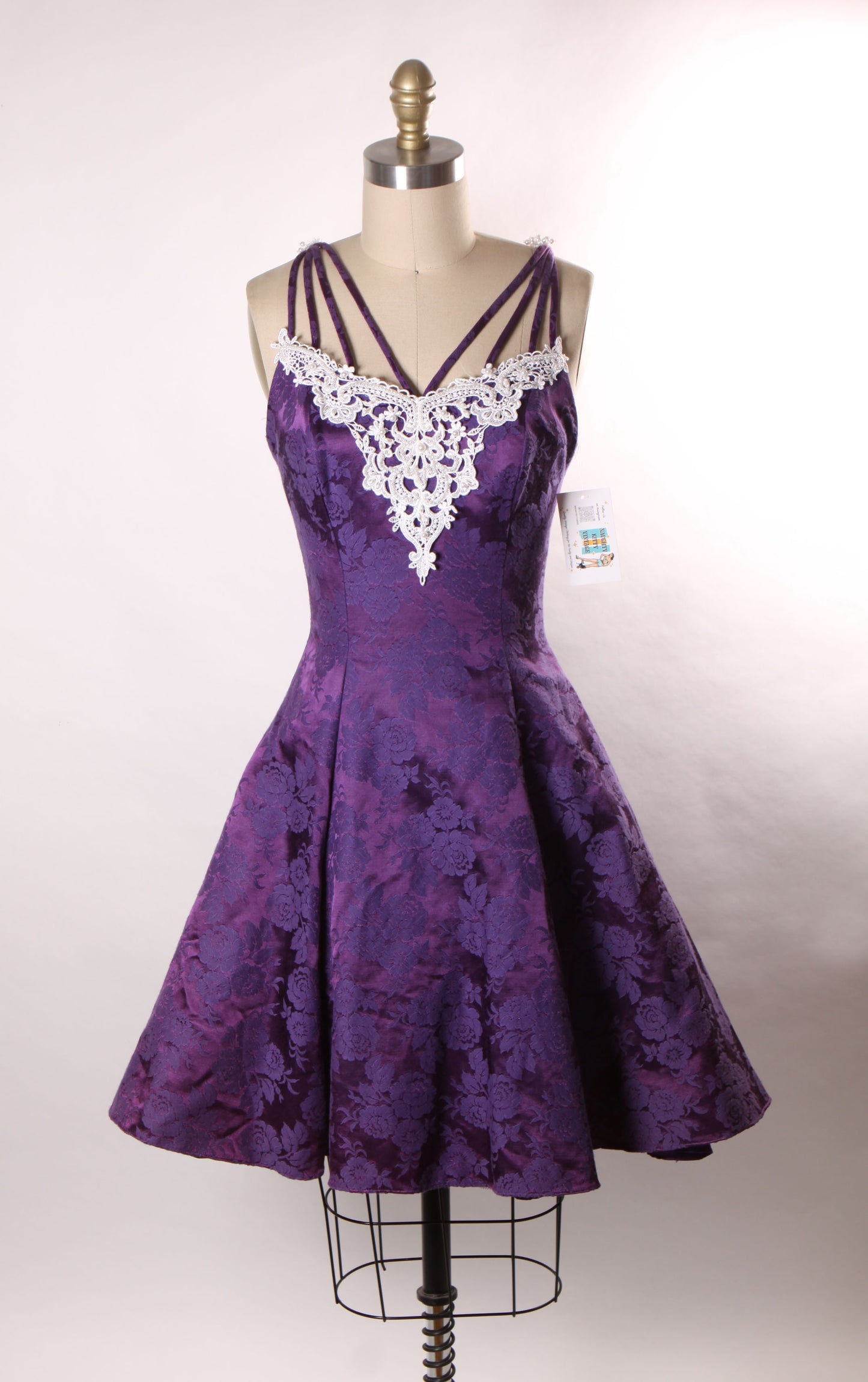 1980s Purple Floral Brocade Spaghetti Strap Caged Straps Fit and Flare Formal Prom Dress by Nadine -XS