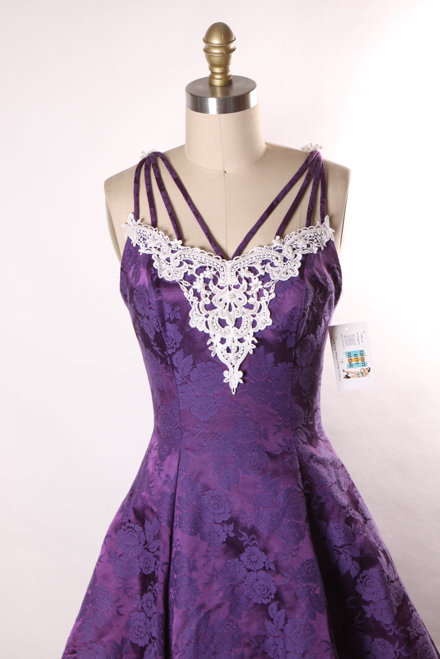 1980s Purple Floral Brocade Spaghetti Strap Caged Straps Fit and Flare Formal Prom Dress by Nadine -XS