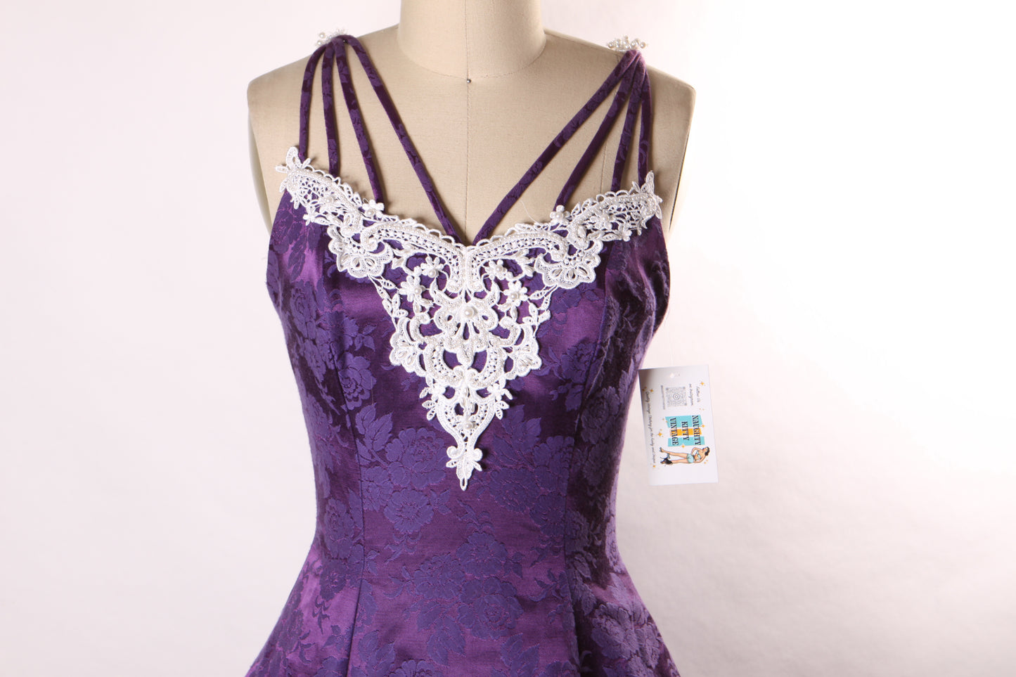 1980s Purple Floral Brocade Spaghetti Strap Caged Straps Fit and Flare Formal Prom Dress by Nadine -XS