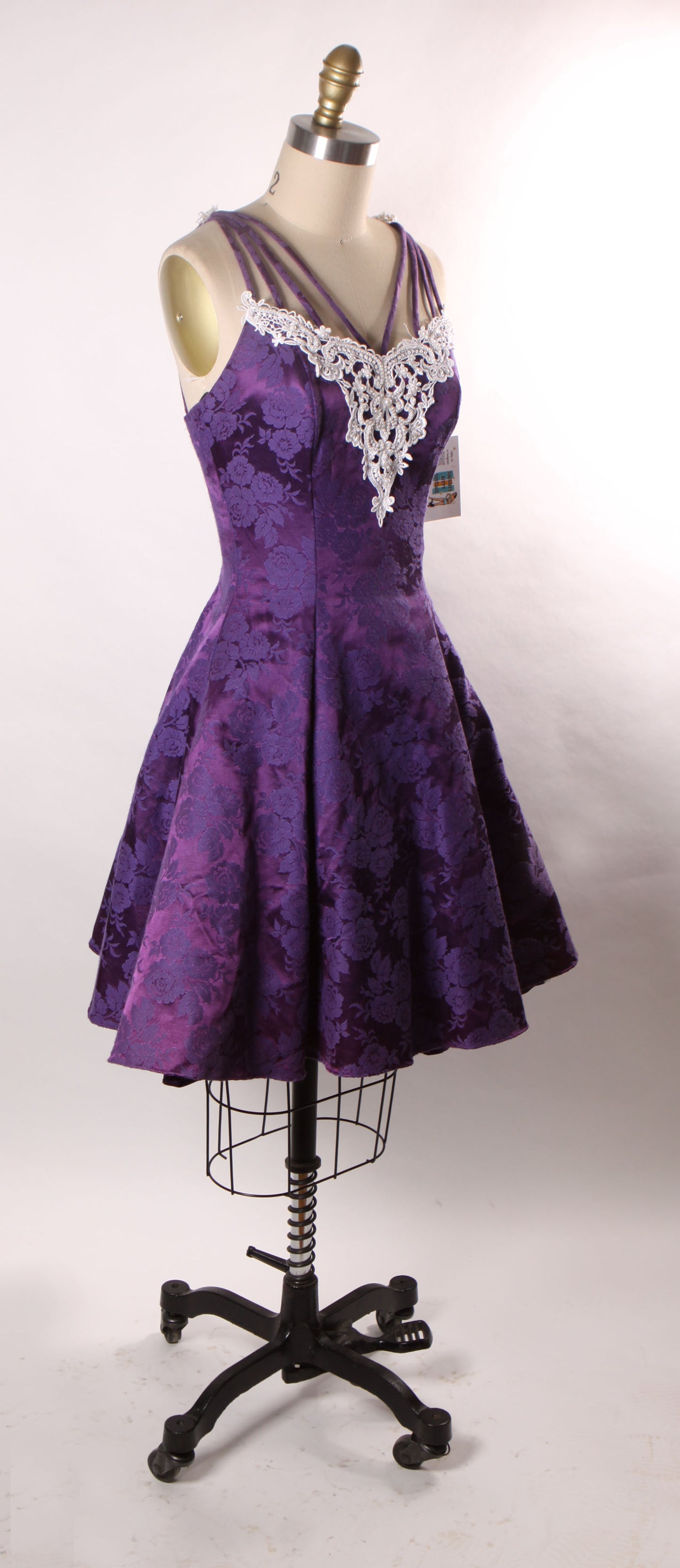 1980s Purple Floral Brocade Spaghetti Strap Caged Straps Fit and Flare Formal Prom Dress by Nadine -XS