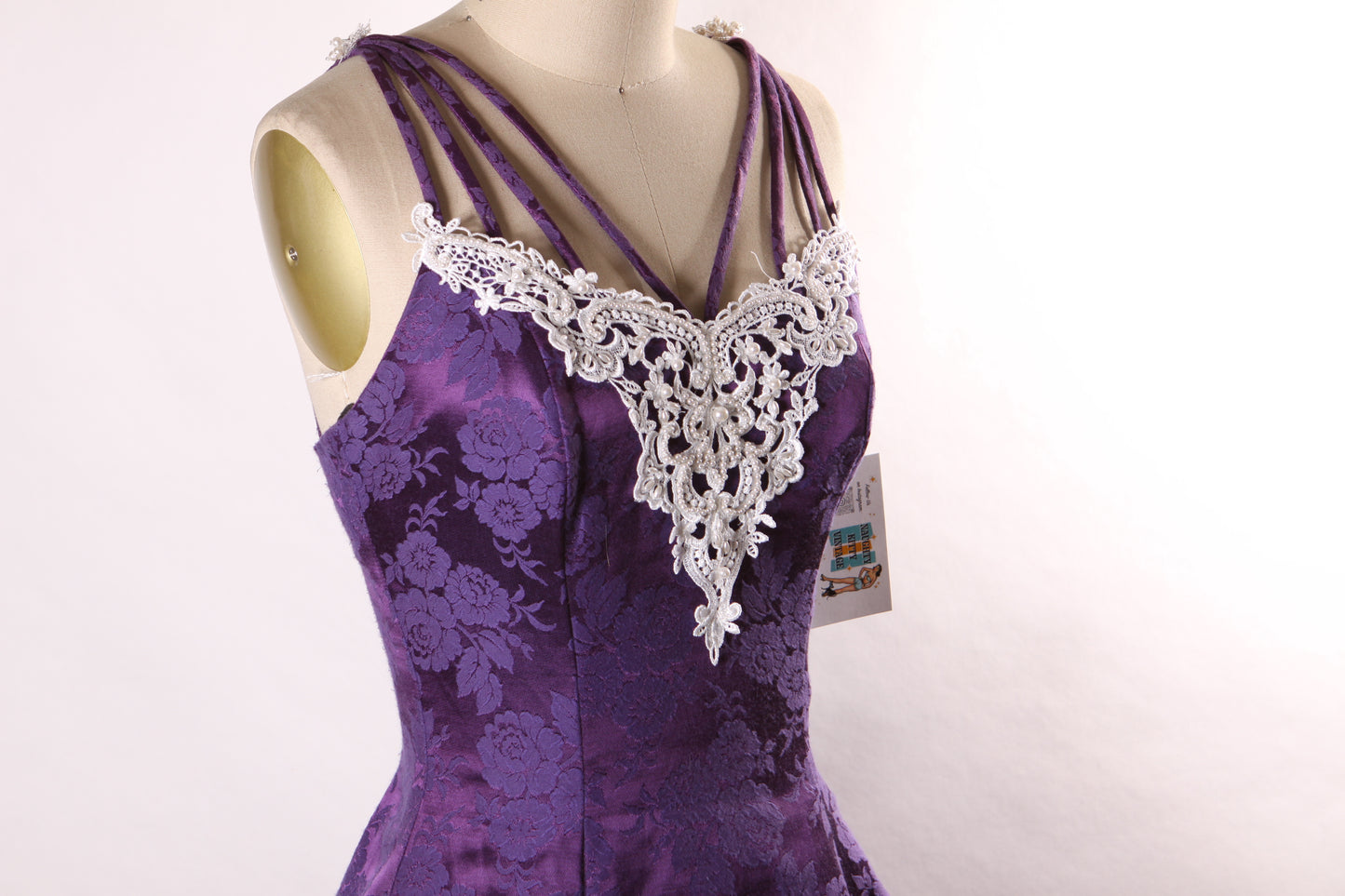 1980s Purple Floral Brocade Spaghetti Strap Caged Straps Fit and Flare Formal Prom Dress by Nadine -XS