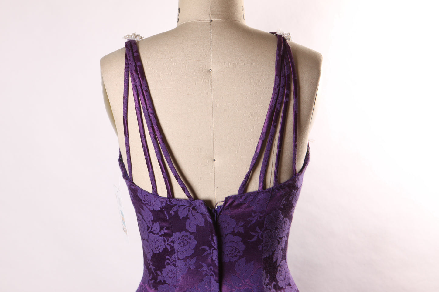 1980s Purple Floral Brocade Spaghetti Strap Caged Straps Fit and Flare Formal Prom Dress by Nadine -XS