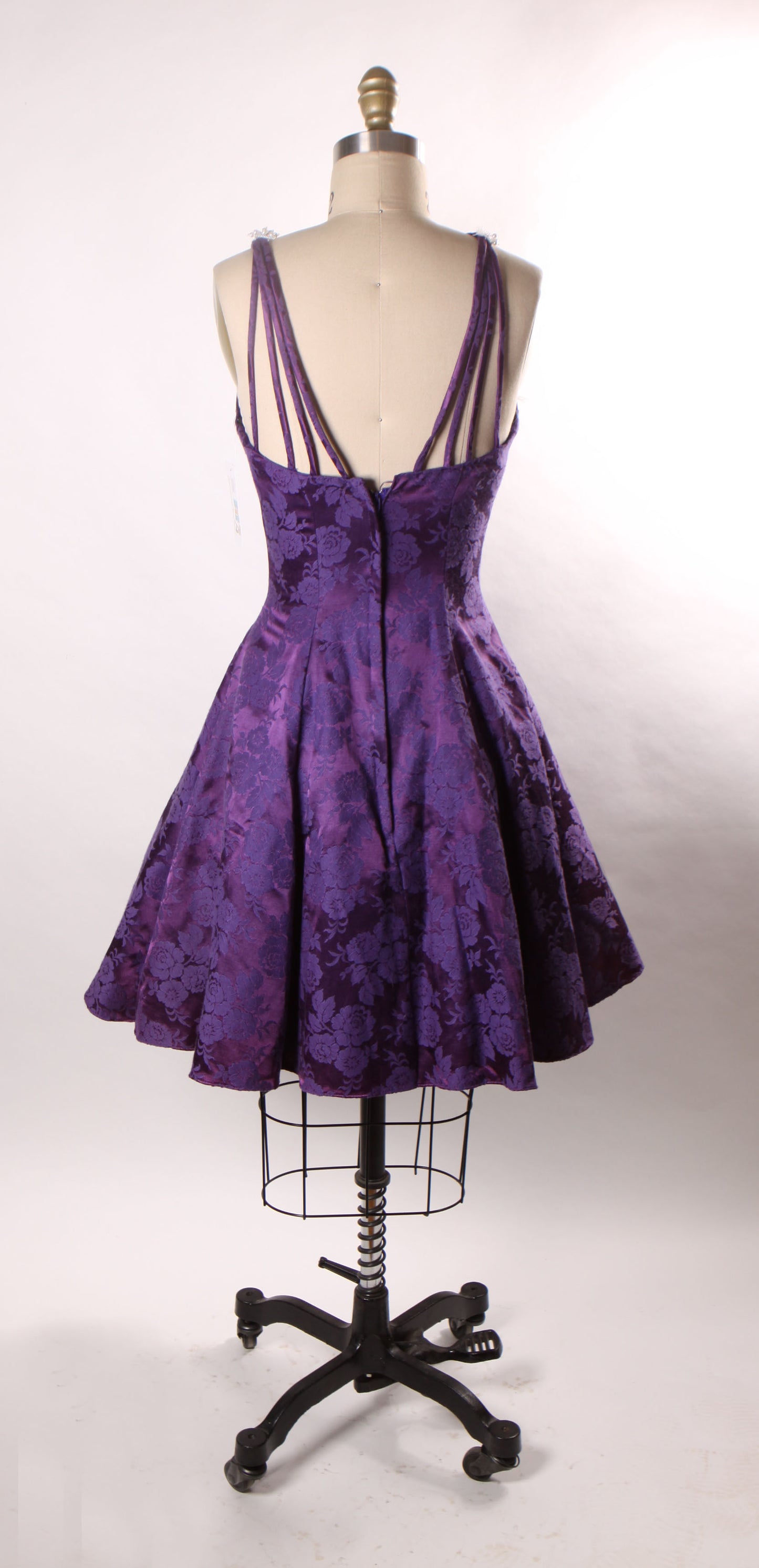 1980s Purple Floral Brocade Spaghetti Strap Caged Straps Fit and Flare Formal Prom Dress by Nadine -XS