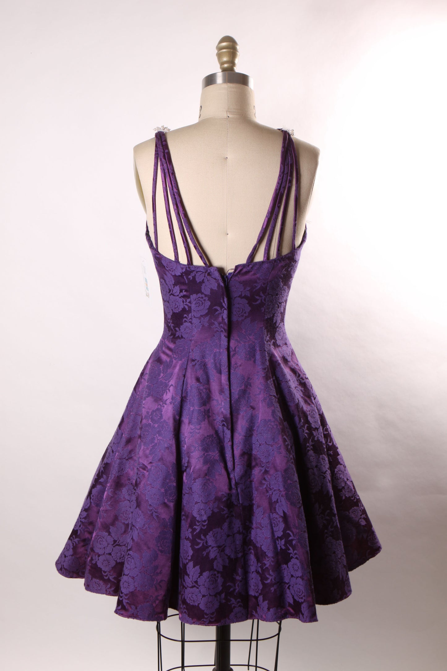 1980s Purple Floral Brocade Spaghetti Strap Caged Straps Fit and Flare Formal Prom Dress by Nadine -XS