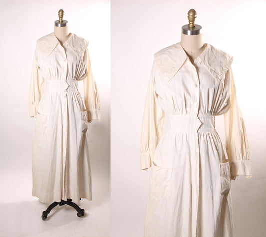 Antique Late 1800s 1890s-1900s White Long Sleeve Wide Collar Pocketed Dress -S