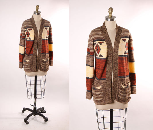 1970s Tan, Cream and Brown Abstract Knit Long Sleeve Open Front Sweater Jacket by Fine Quality Sweaters