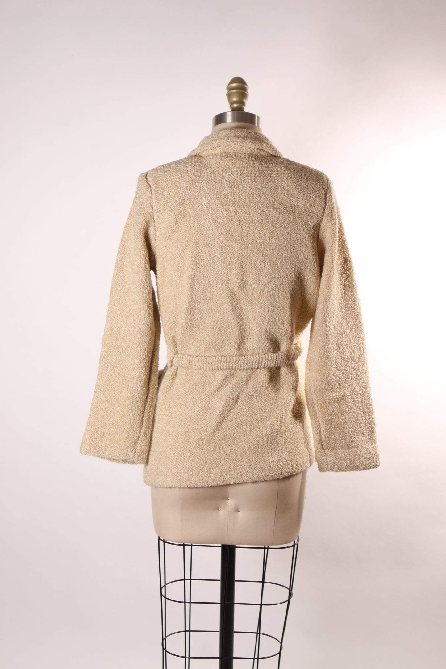 1970s Cream Off White Acrylic Knit Long Sleeved Belted Sweater Jacket by Q