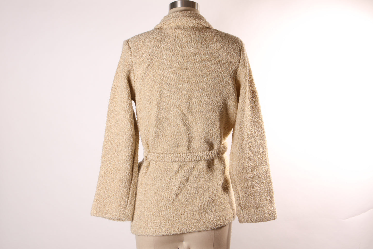 1970s Cream Off White Acrylic Knit Long Sleeved Belted Sweater Jacket by Q