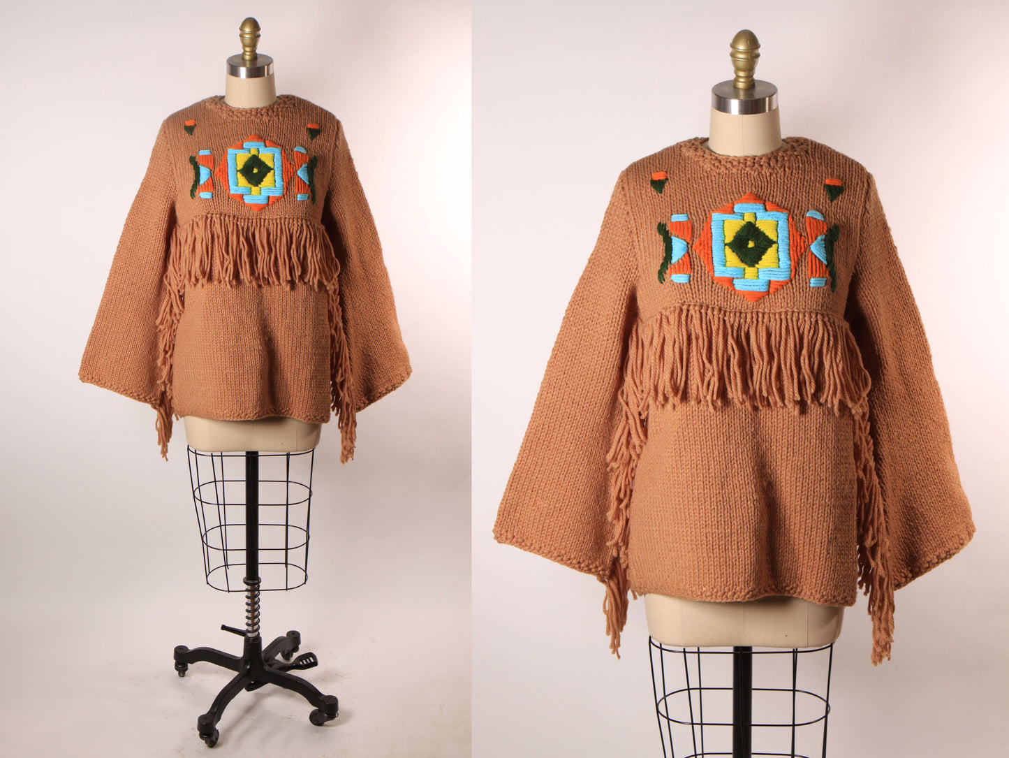 Late 1960s Early 1970s Tan, Blue, Black and Yellow Western Native American Fringe Sleeve Knit Sweater