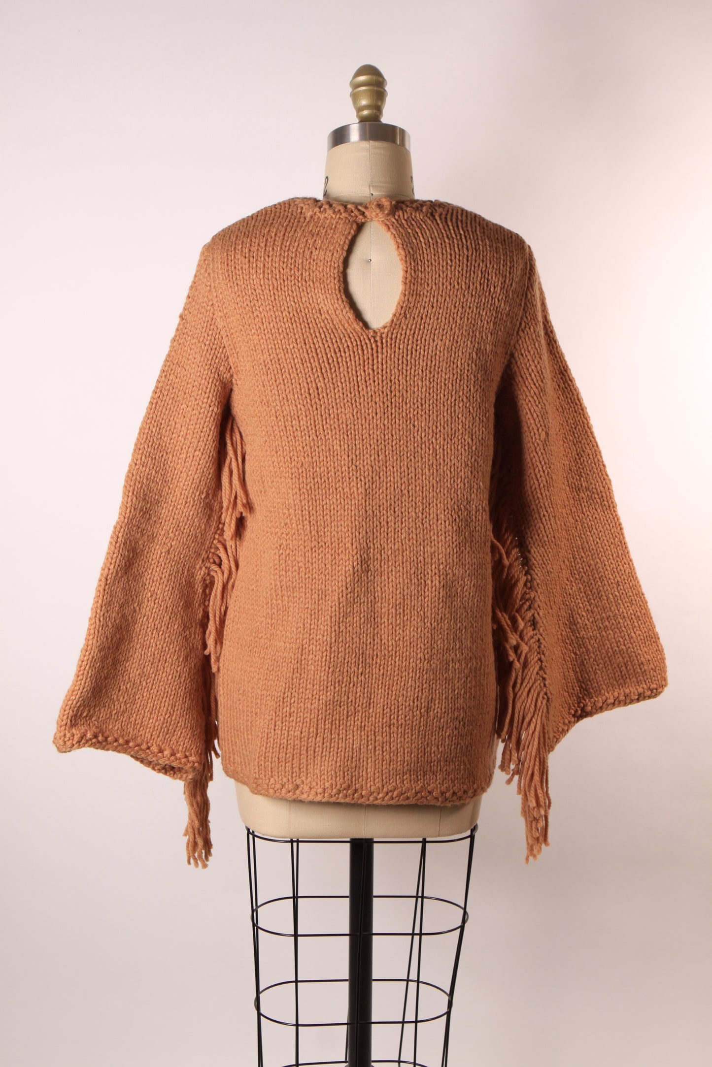 Late 1960s Early 1970s Tan, Blue, Black and Yellow Western Native American Fringe Sleeve Knit Sweater