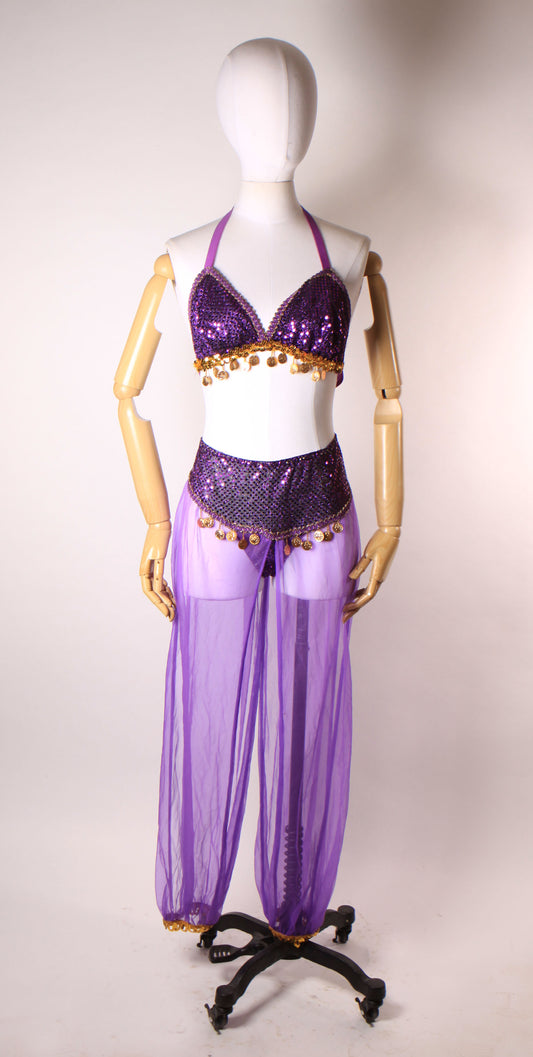 1980s 1990s Purple & Gold Metal Coin Bikini Top with Matching Sheer Sequin Genie Belly Dancer Two Piece Lingerie Costume by Secret Treasures