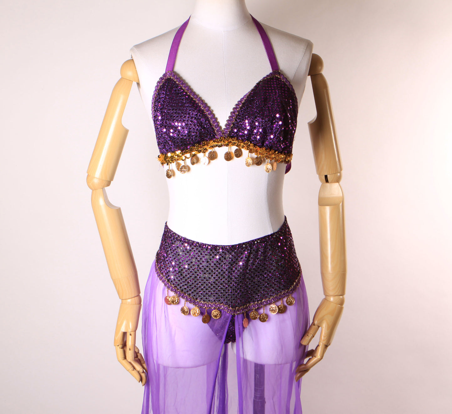 1980s 1990s Purple & Gold Metal Coin Bikini Top with Matching Sheer Sequin Genie Belly Dancer Two Piece Lingerie Costume by Secret Treasures