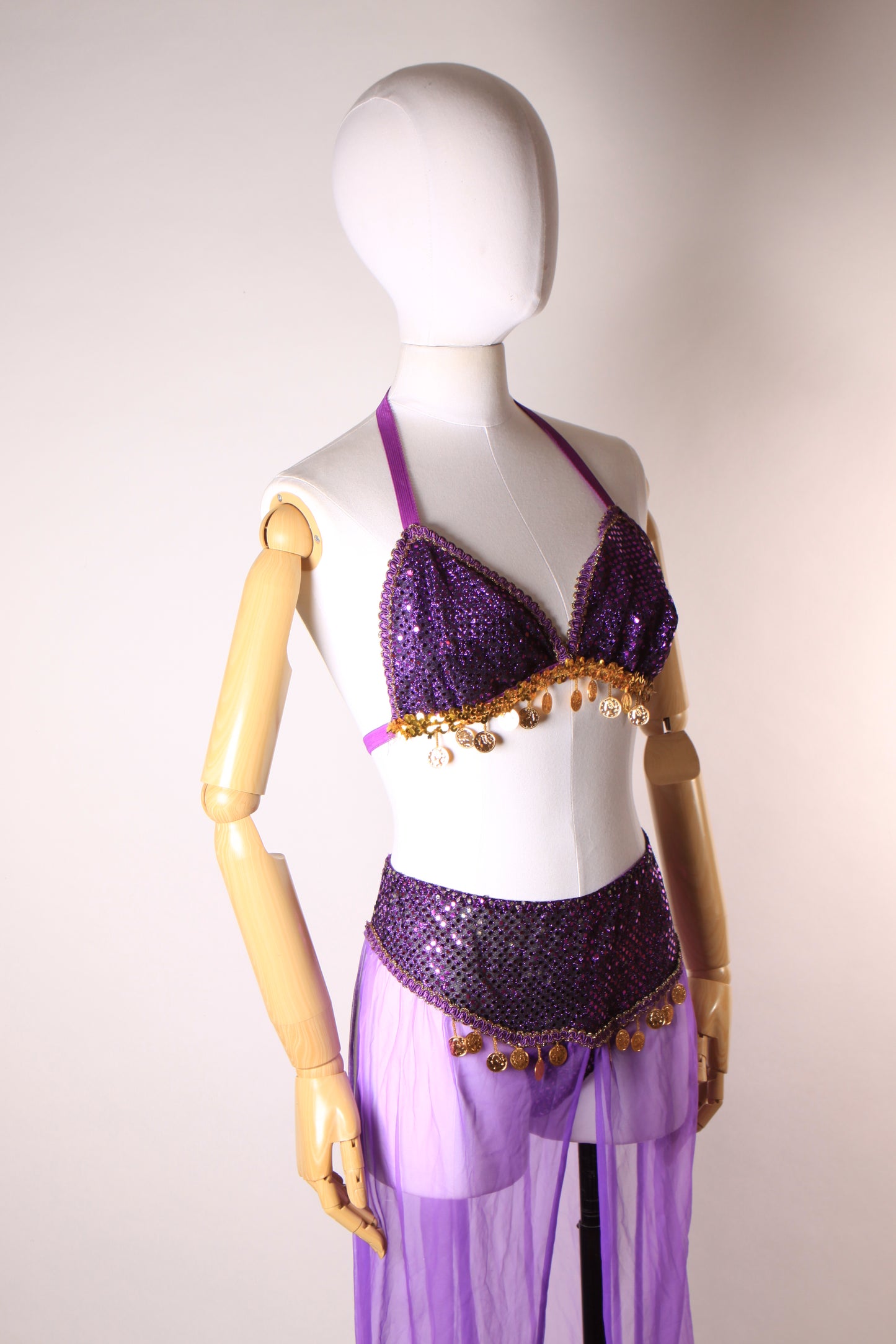 1980s 1990s Purple & Gold Metal Coin Bikini Top with Matching Sheer Sequin Genie Belly Dancer Two Piece Lingerie Costume by Secret Treasures