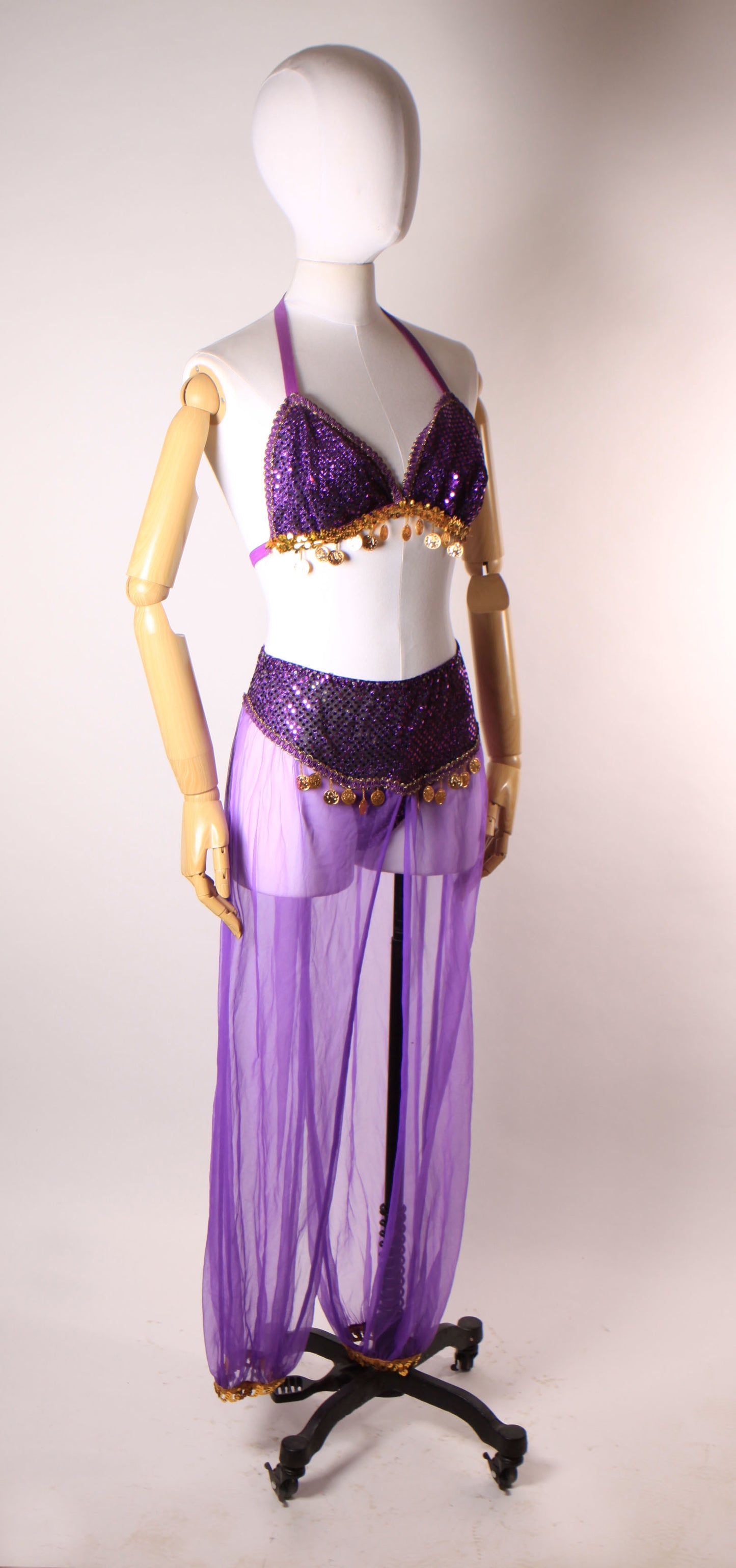 1980s 1990s Purple & Gold Metal Coin Bikini Top with Matching Sheer Sequin Genie Belly Dancer Two Piece Lingerie Costume by Secret Treasures