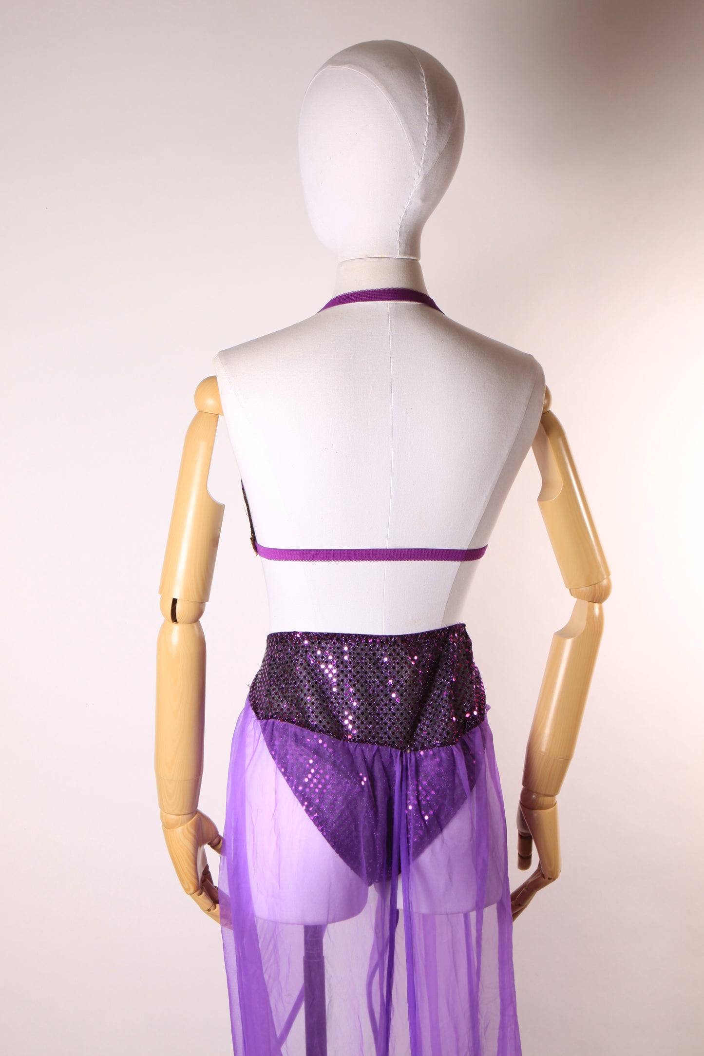 1980s 1990s Purple & Gold Metal Coin Bikini Top with Matching Sheer Sequin Genie Belly Dancer Two Piece Lingerie Costume by Secret Treasures