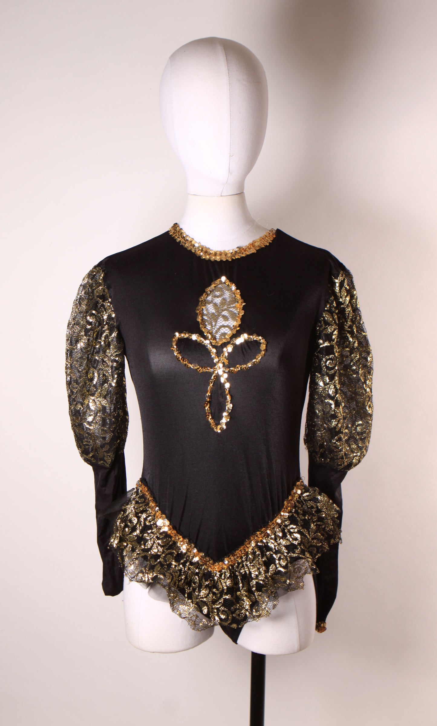 1980s Black and Gold Metallic Long Sleeve Sequin Trim One Piece Costume Showgirl Leotard with Matching Sheer Lace Over Skirt -M-L