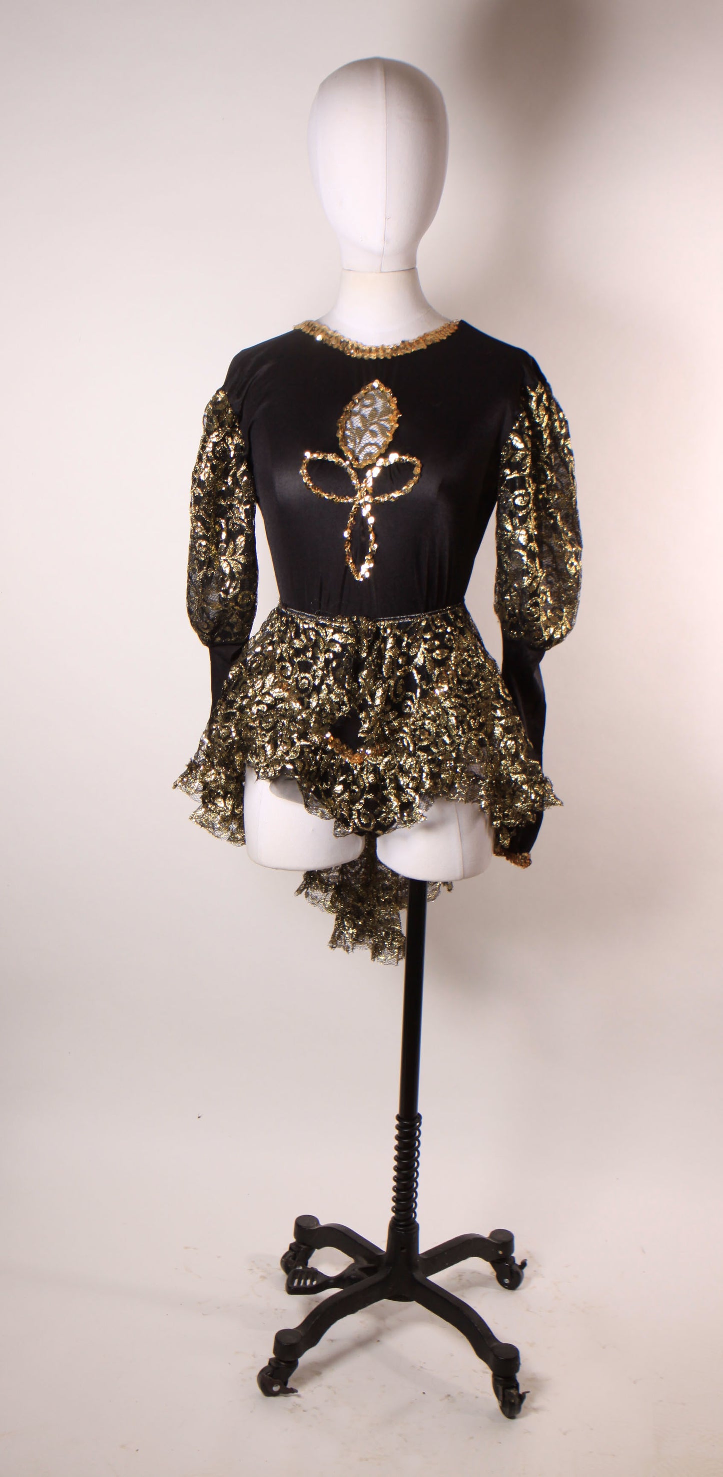 1980s Black and Gold Metallic Long Sleeve Sequin Trim One Piece Costume Showgirl Leotard with Matching Sheer Lace Over Skirt -M-L