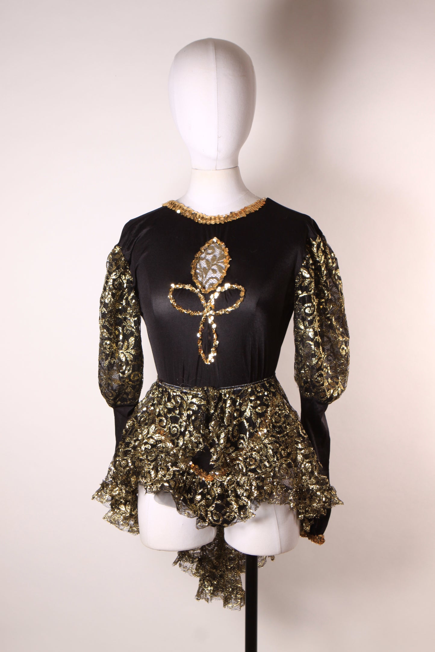 1980s Black and Gold Metallic Long Sleeve Sequin Trim One Piece Costume Showgirl Leotard with Matching Sheer Lace Over Skirt -M-L