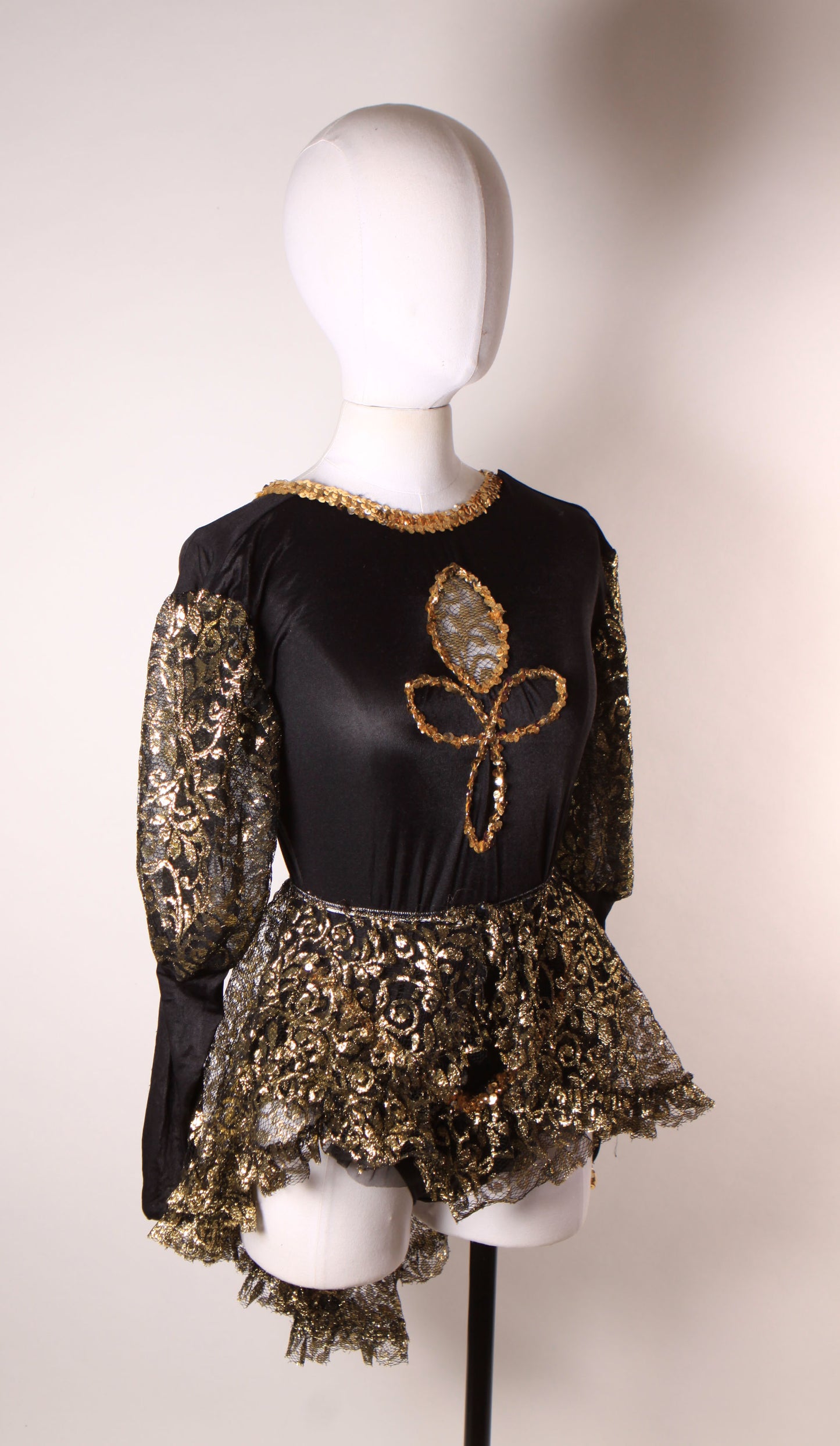 1980s Black and Gold Metallic Long Sleeve Sequin Trim One Piece Costume Showgirl Leotard with Matching Sheer Lace Over Skirt -M-L