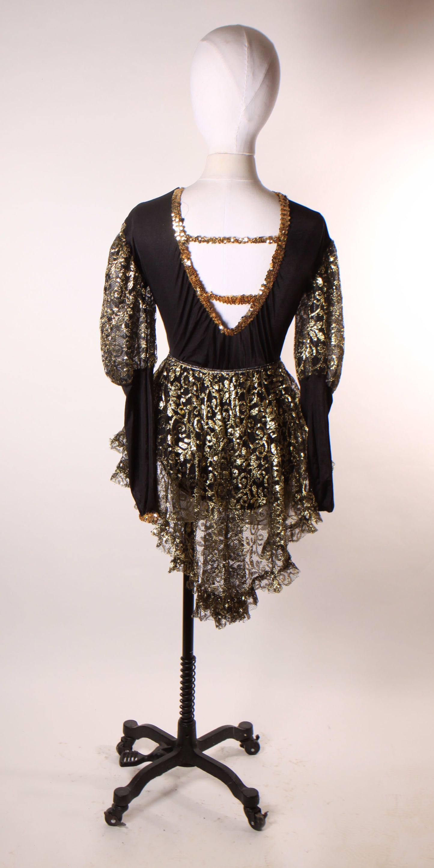 1980s Black and Gold Metallic Long Sleeve Sequin Trim One Piece Costume Showgirl Leotard with Matching Sheer Lace Over Skirt -M-L