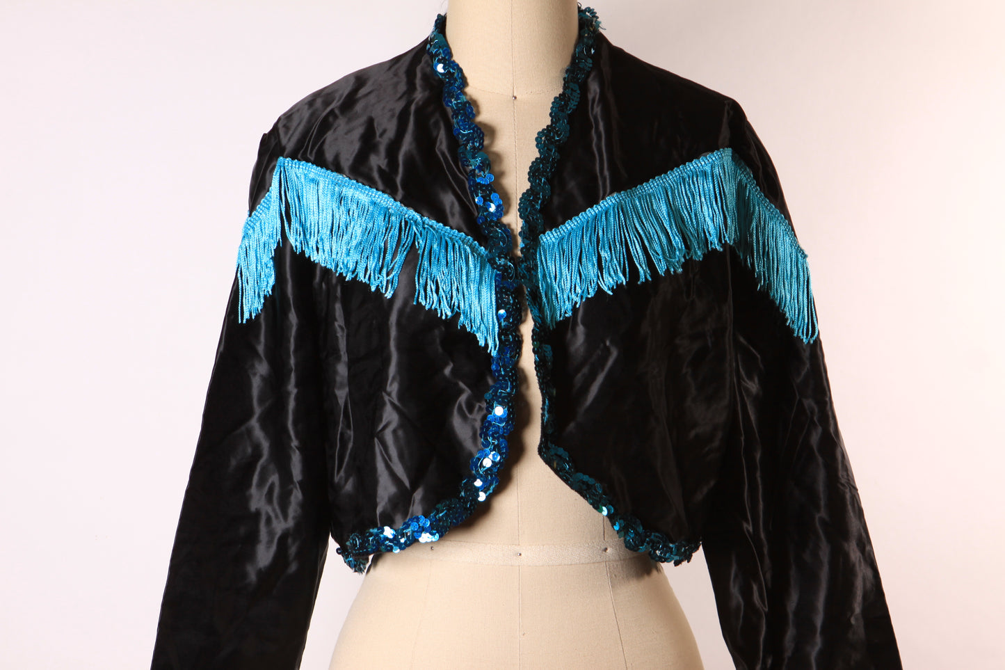 1980s Black and Blue Open Front Fringe Western Style Showgirl Burlesque Costume Jacket
