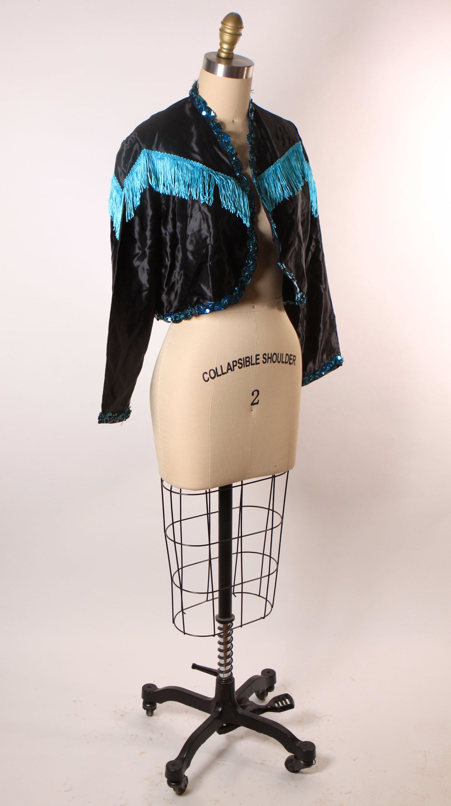 1980s Black and Blue Open Front Fringe Western Style Showgirl Burlesque Costume Jacket