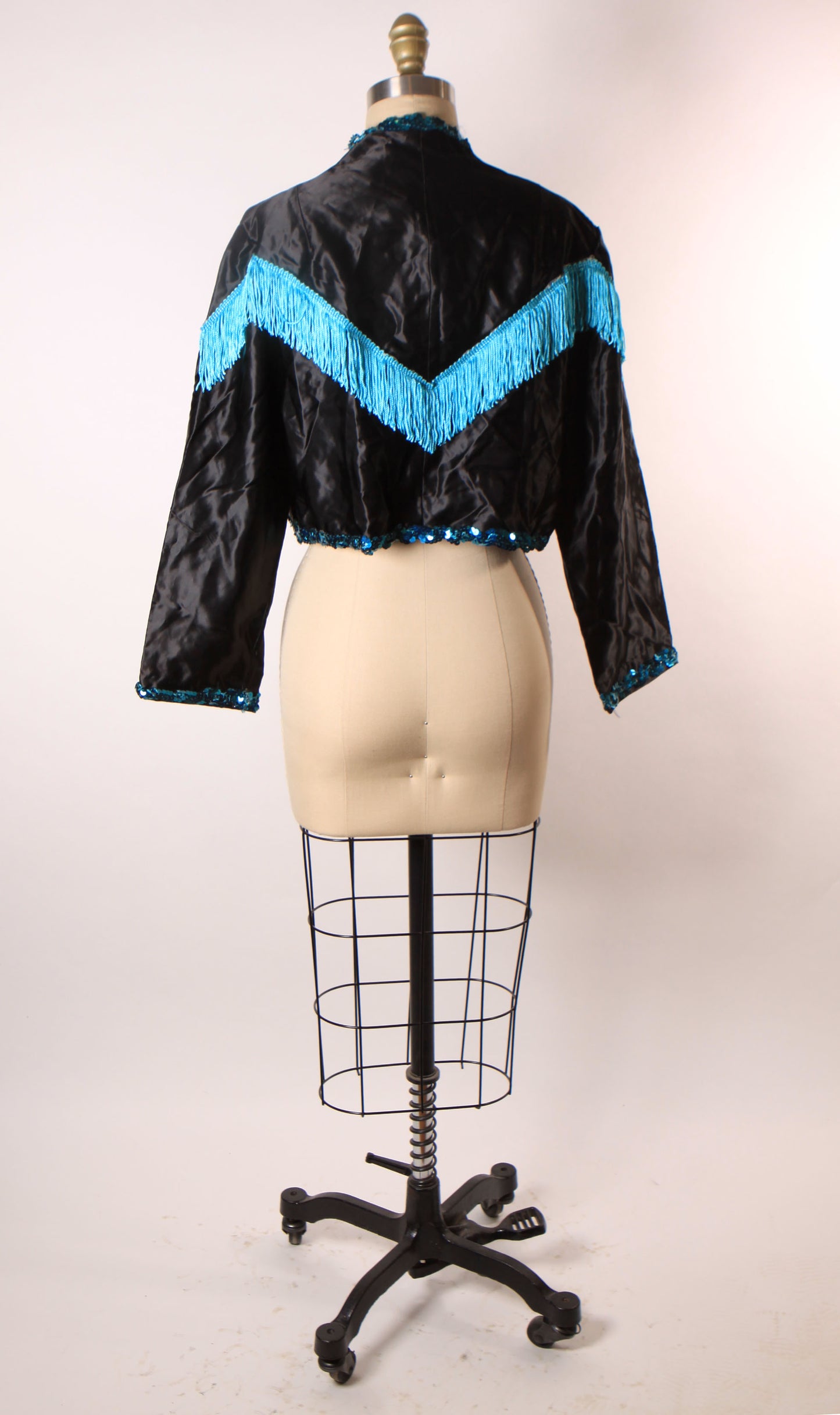 1980s Black and Blue Open Front Fringe Western Style Showgirl Burlesque Costume Jacket