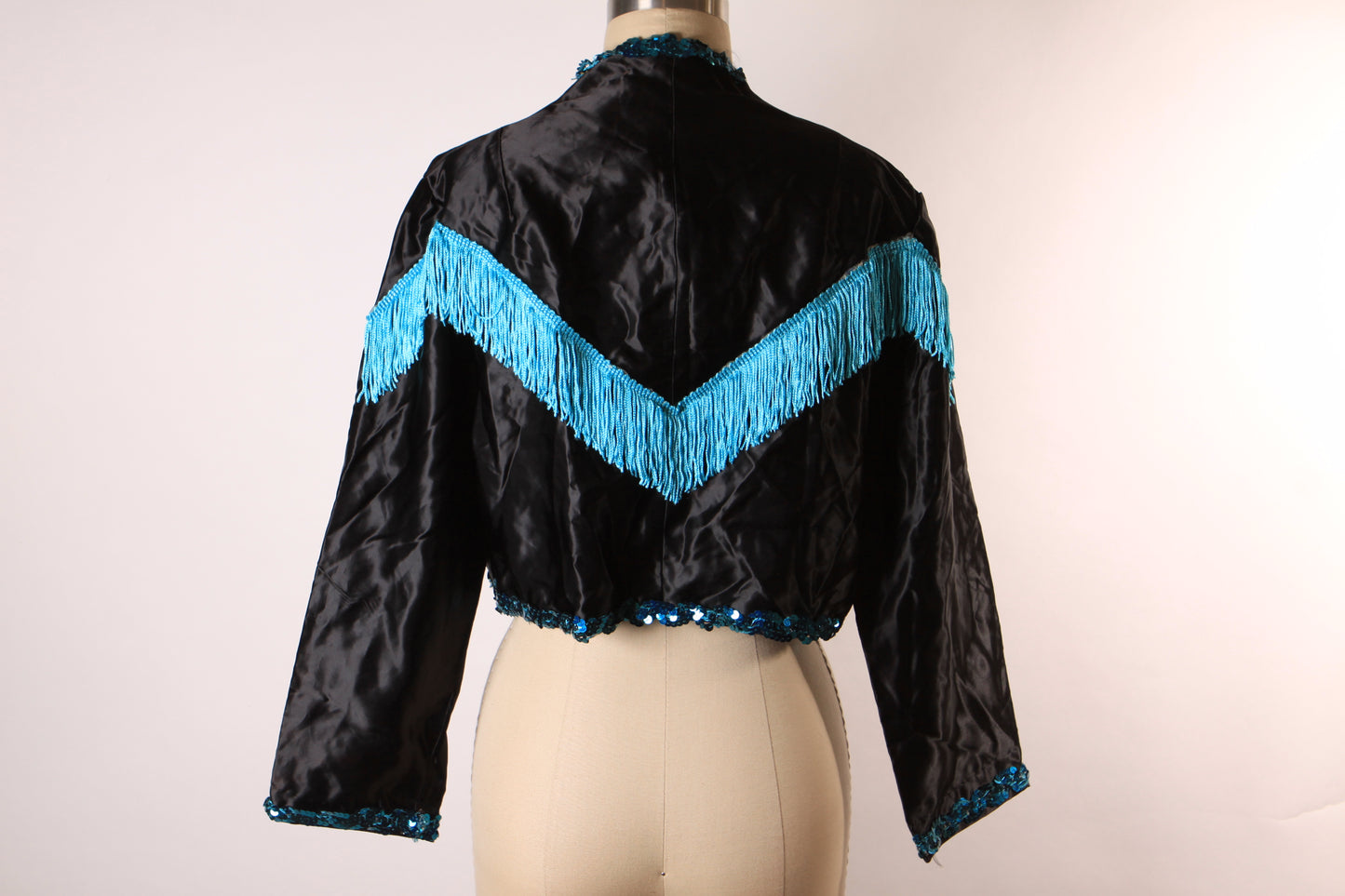 1980s Black and Blue Open Front Fringe Western Style Showgirl Burlesque Costume Jacket