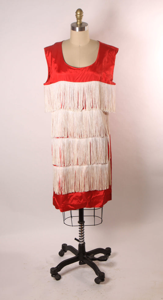 1960s Does 1920s Red and White Fringe Sleeveless Flapper Style Costume Dress