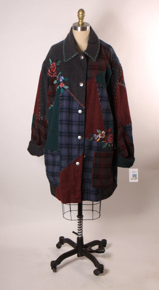 1980s Novelty Blue, Gray and Red Embroidered Floral Patchwork Coat by Together!