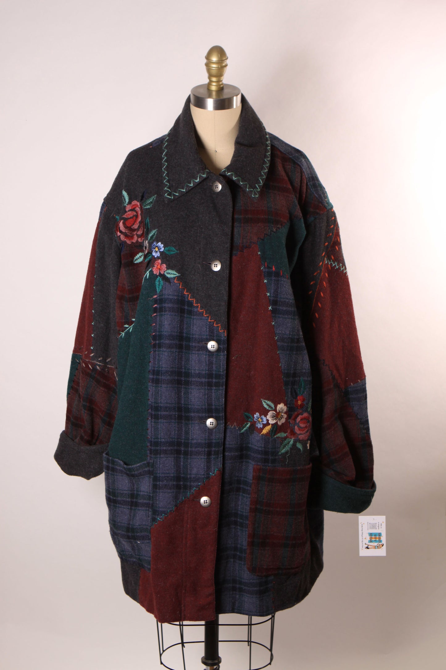 1980s Novelty Blue, Gray and Red Embroidered Floral Patchwork Coat by Together!