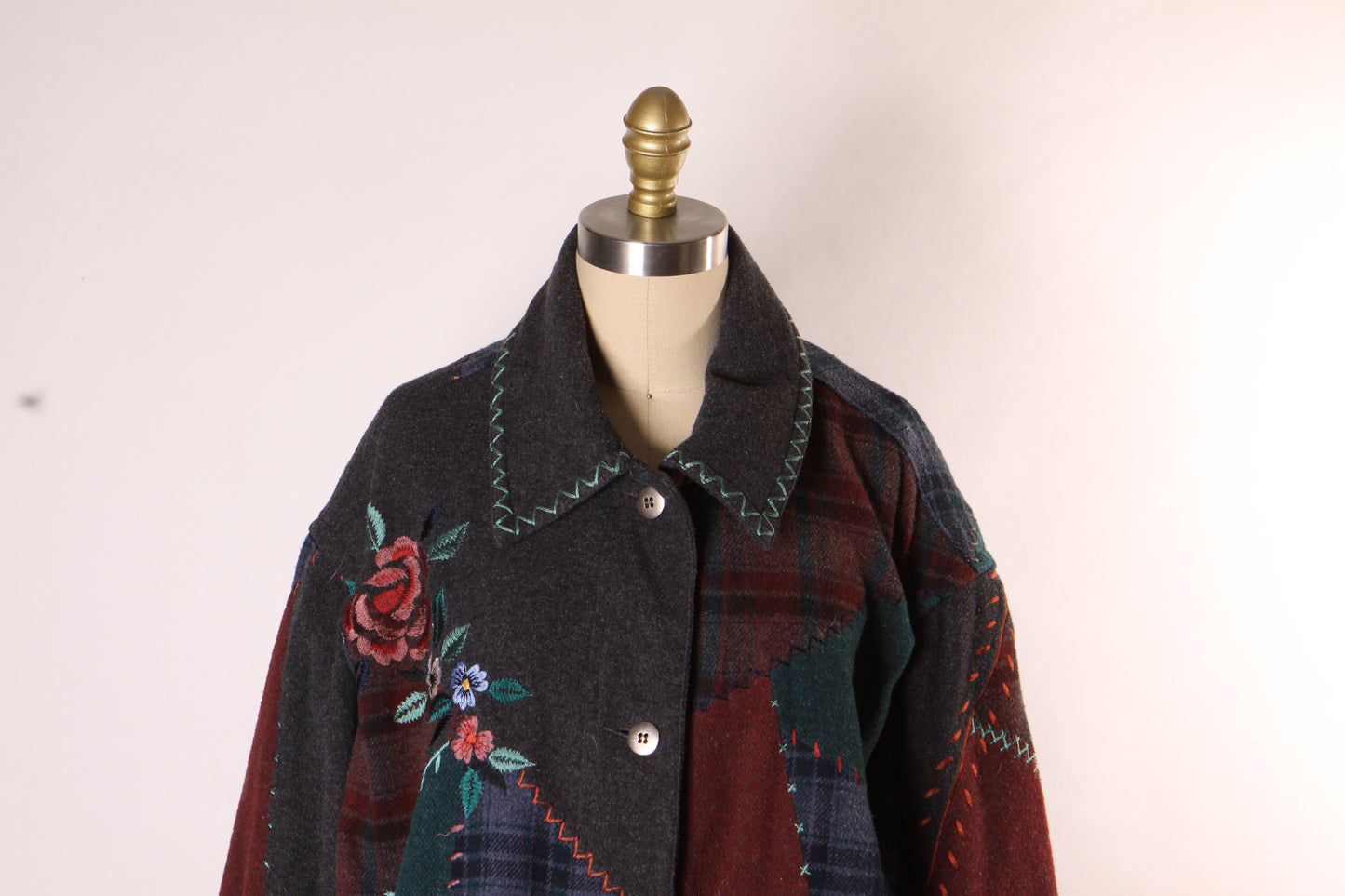 1980s Novelty Blue, Gray and Red Embroidered Floral Patchwork Coat by Together!