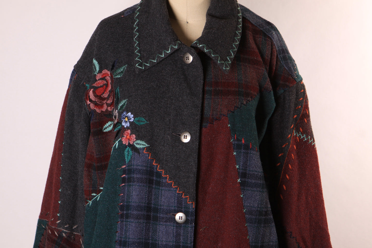 1980s Novelty Blue, Gray and Red Embroidered Floral Patchwork Coat by Together!