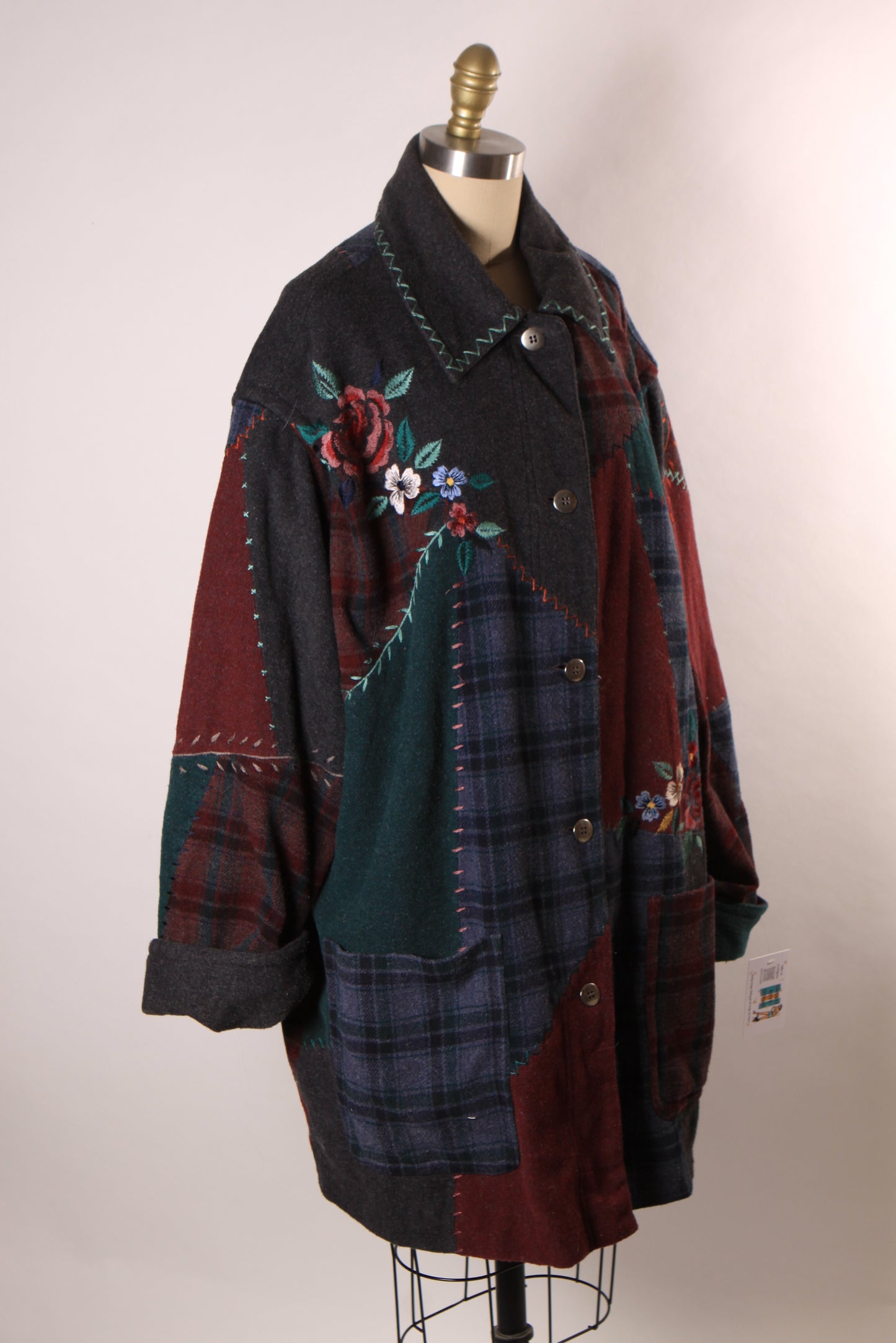 1980s Novelty Blue, Gray and Red Embroidered Floral Patchwork Coat by Together!