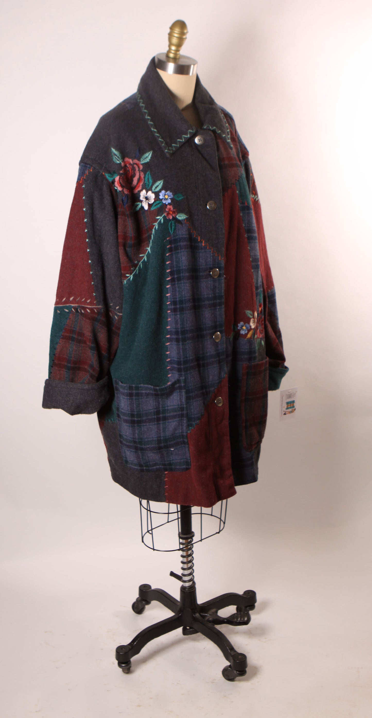 1980s Novelty Blue, Gray and Red Embroidered Floral Patchwork Coat by Together!