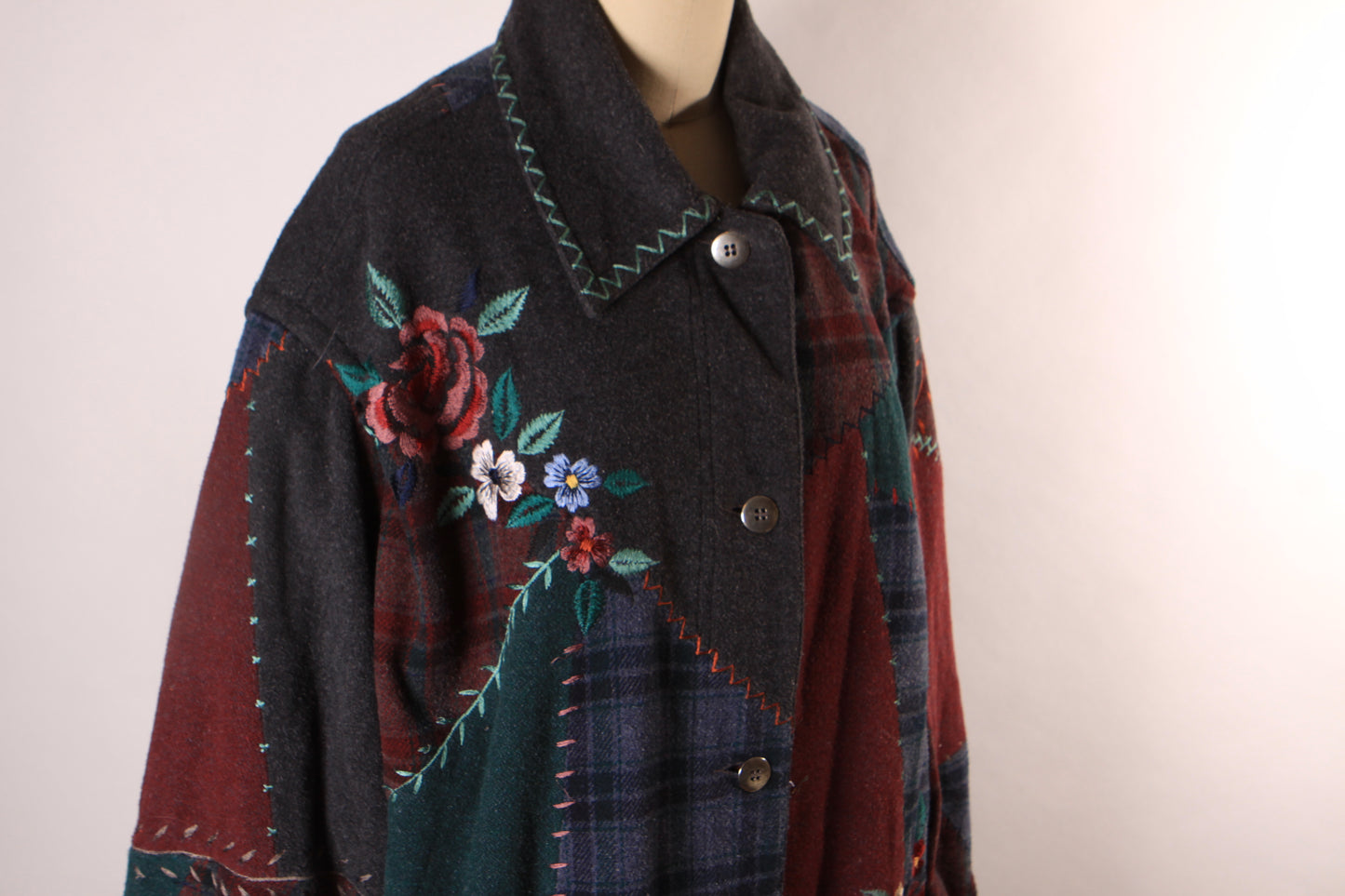 1980s Novelty Blue, Gray and Red Embroidered Floral Patchwork Coat by Together!