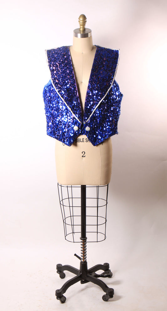 1950s 1960s Blue Sequin Sleeveless Vest Showgirl Burlesque Costume Ringmaster Jacket