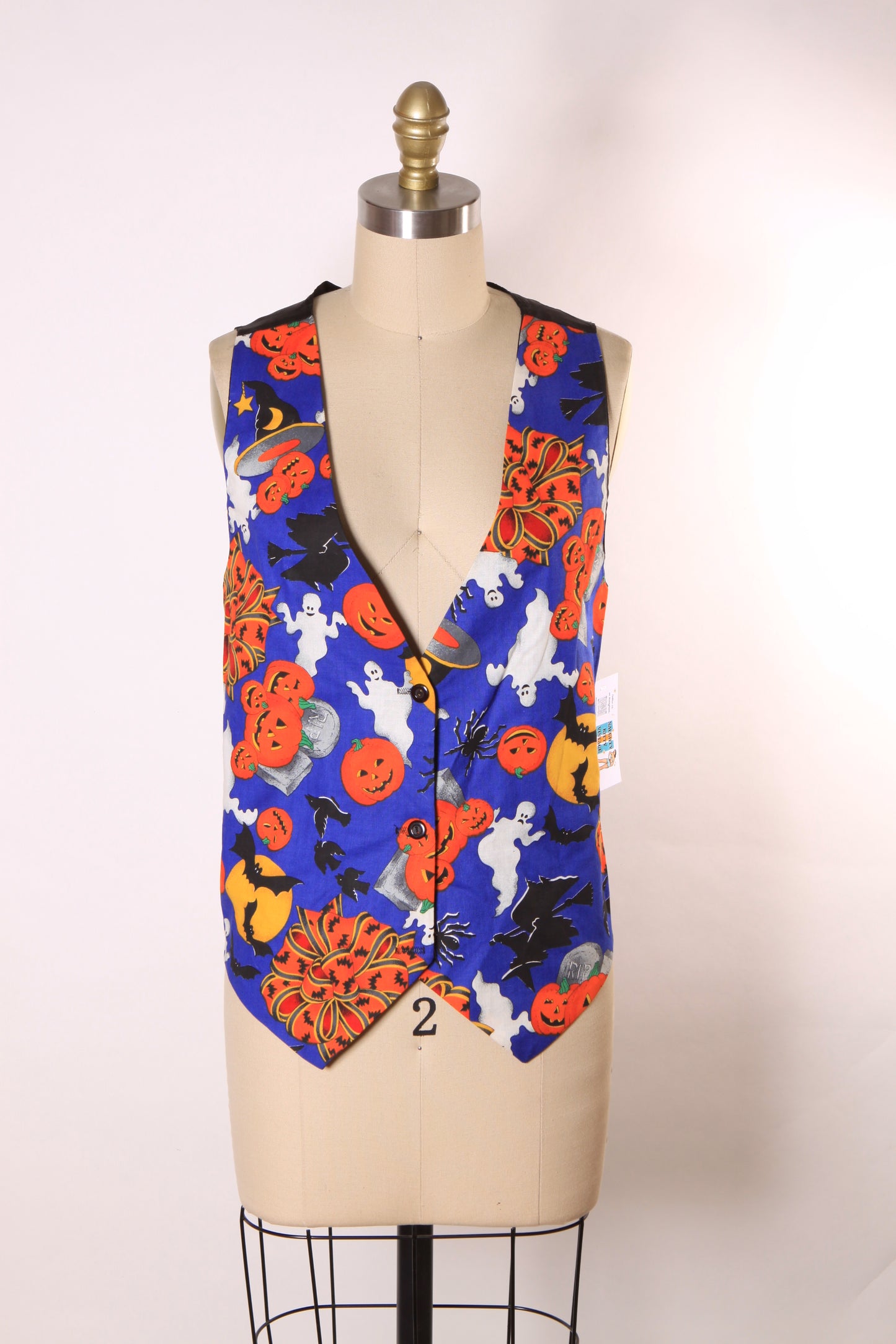 1980s 1990s Blue, Black and Orange Novelty Ghost, Jack-o-Lanterns and Bats Halloween Vest by Ceci