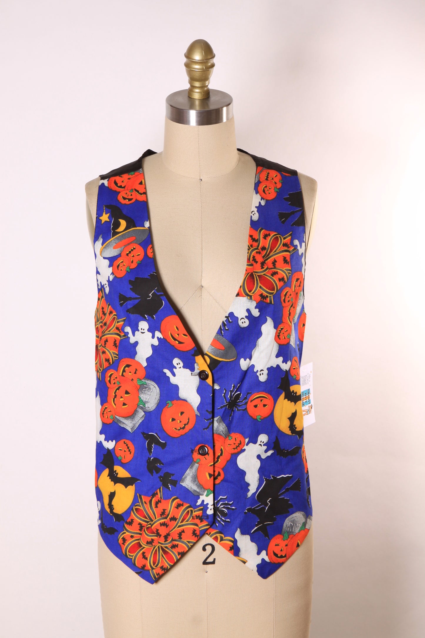 1980s 1990s Blue, Black and Orange Novelty Ghost, Jack-o-Lanterns and Bats Halloween Vest by Ceci