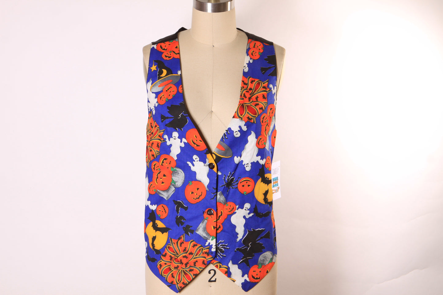 1980s 1990s Blue, Black and Orange Novelty Ghost, Jack-o-Lanterns and Bats Halloween Vest by Ceci