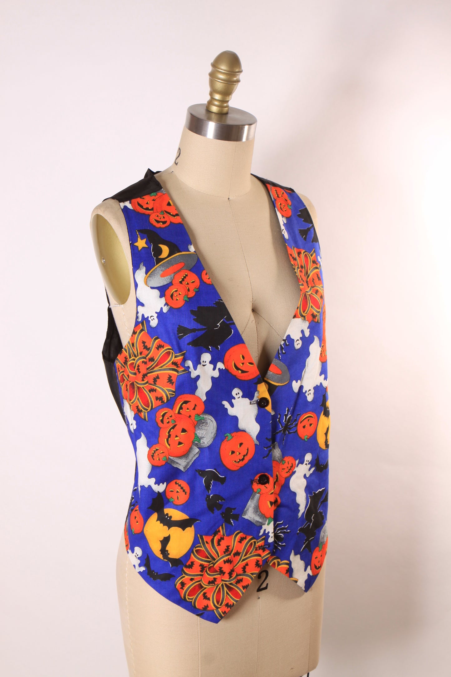 1980s 1990s Blue, Black and Orange Novelty Ghost, Jack-o-Lanterns and Bats Halloween Vest by Ceci