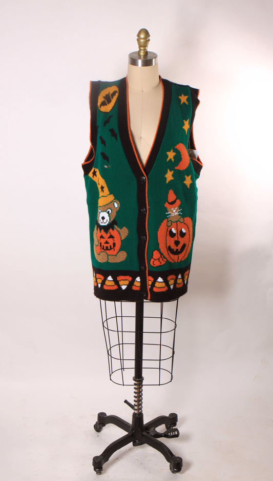 1980s Green, Black and Orange Novelty Cat, Bear, Jack-o-Lantern and Candy Corn Halloween Vest by J.Poole