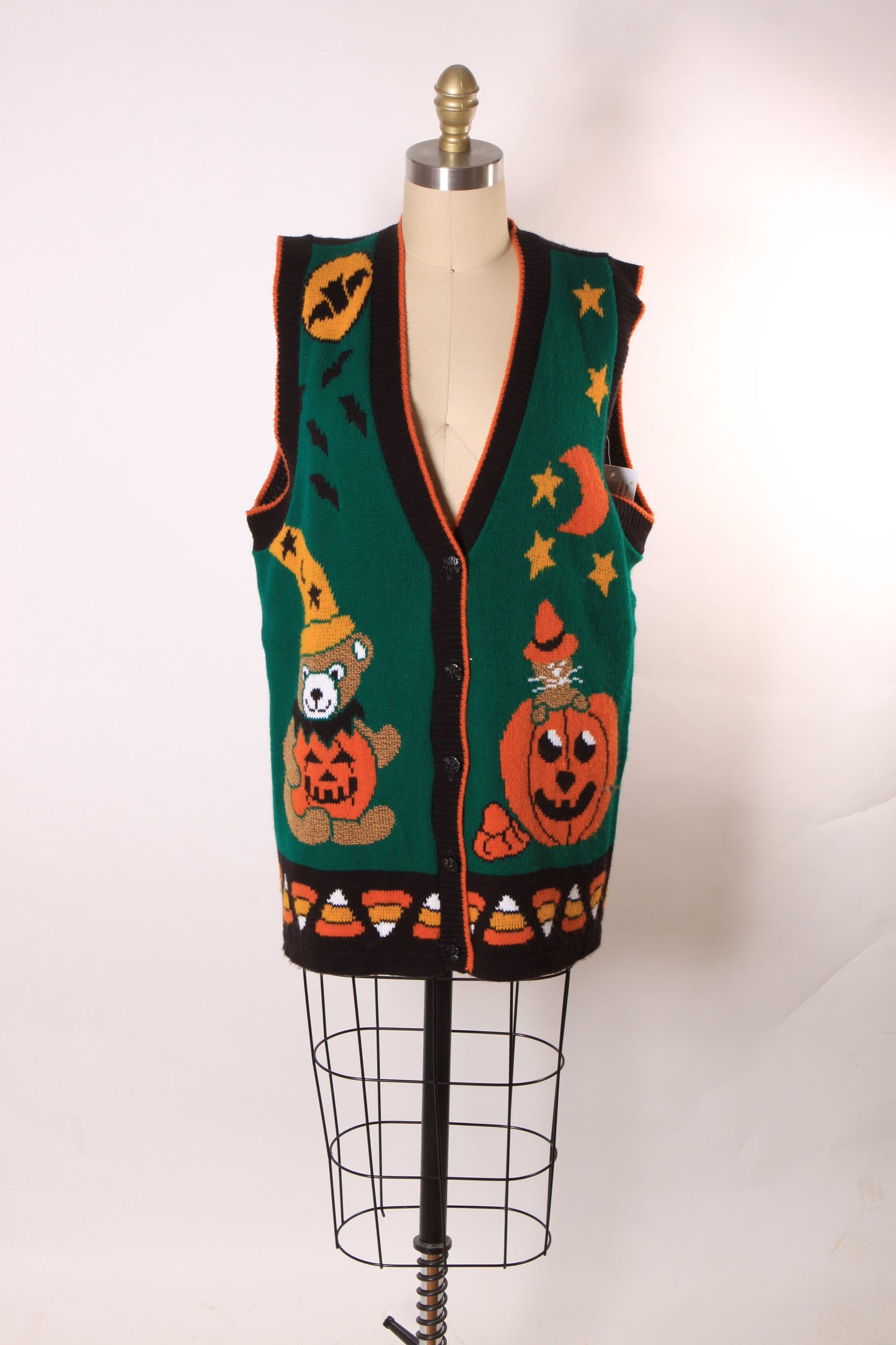 1980s Green, Black and Orange Novelty Cat, Bear, Jack-o-Lantern and Candy Corn Halloween Vest by J.Poole