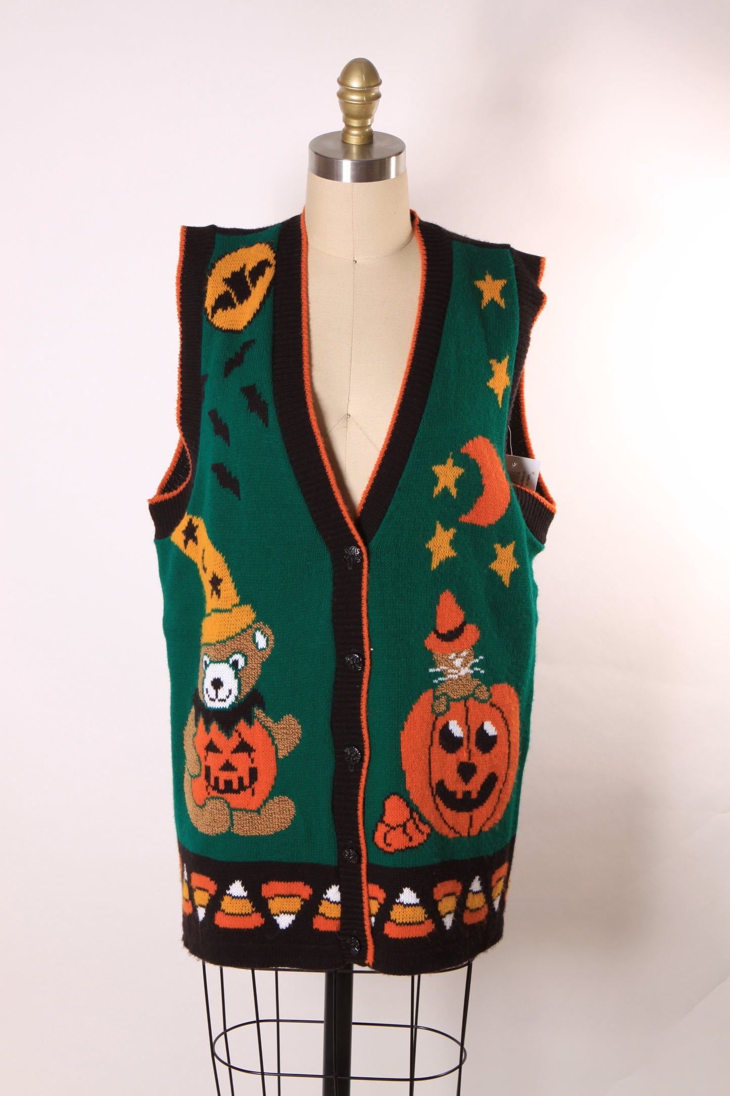 1980s Green, Black and Orange Novelty Cat, Bear, Jack-o-Lantern and Candy Corn Halloween Vest by J.Poole