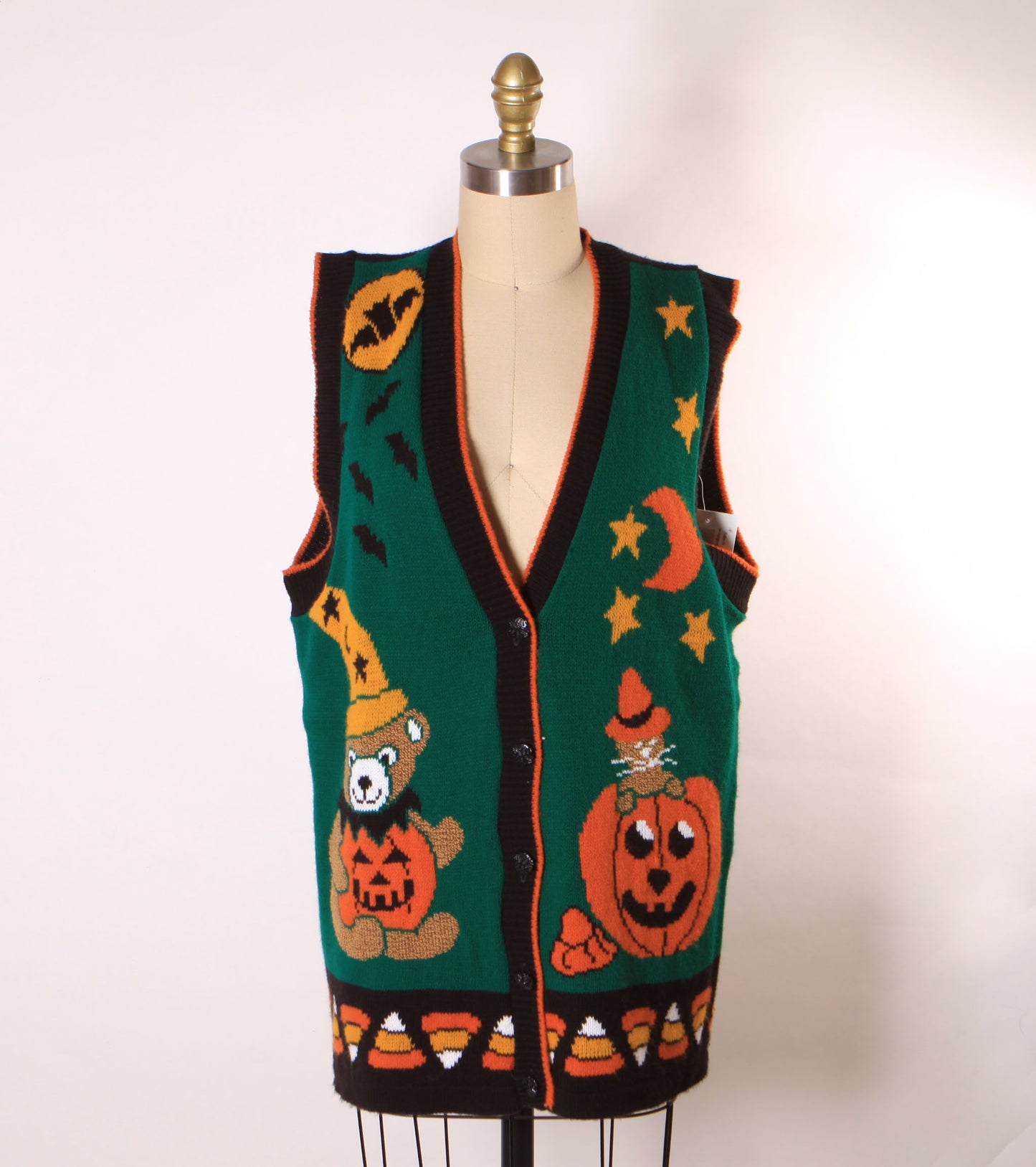 1980s Green, Black and Orange Novelty Cat, Bear, Jack-o-Lantern and Candy Corn Halloween Vest by J.Poole