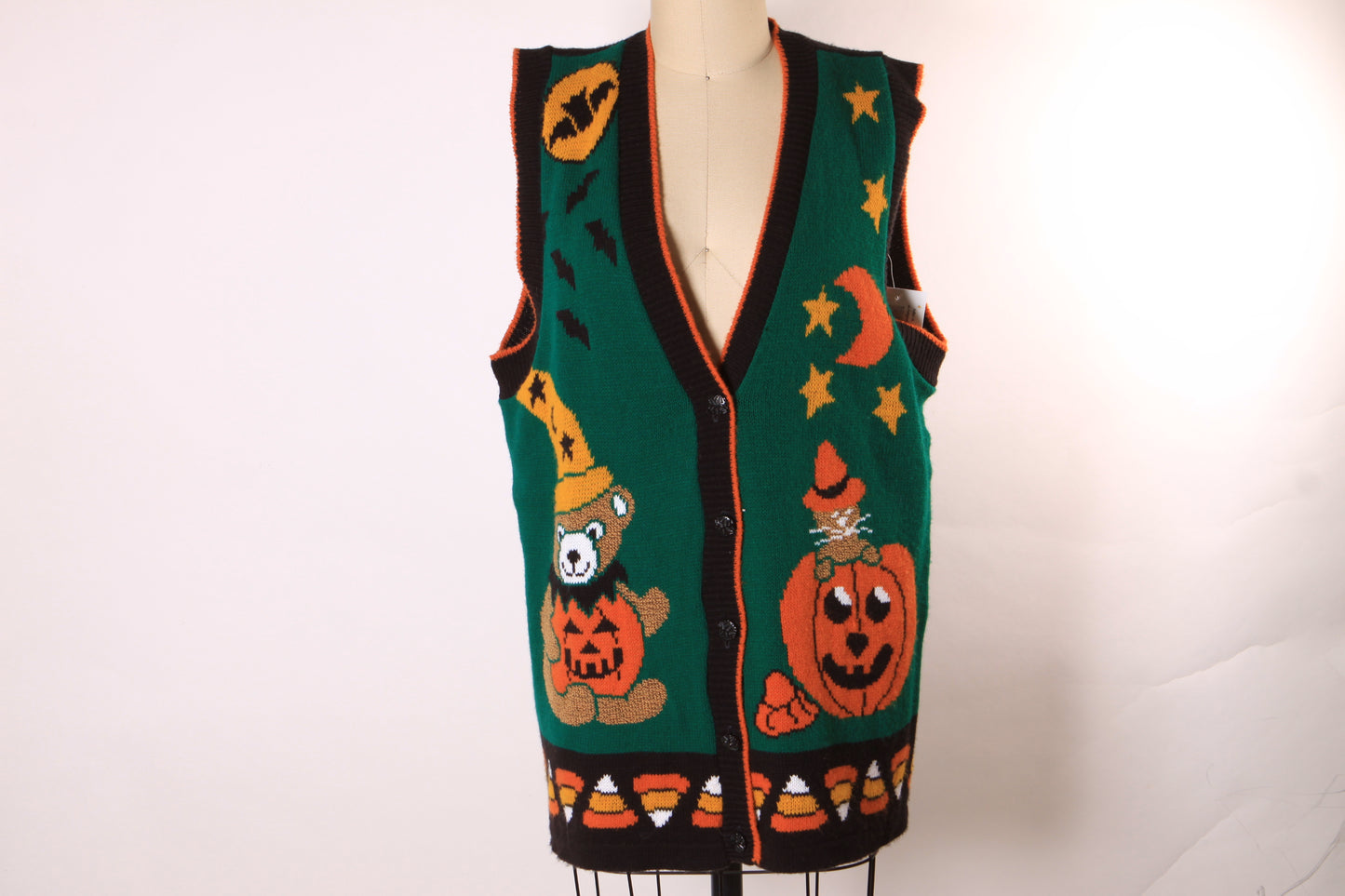 1980s Green, Black and Orange Novelty Cat, Bear, Jack-o-Lantern and Candy Corn Halloween Vest by J.Poole